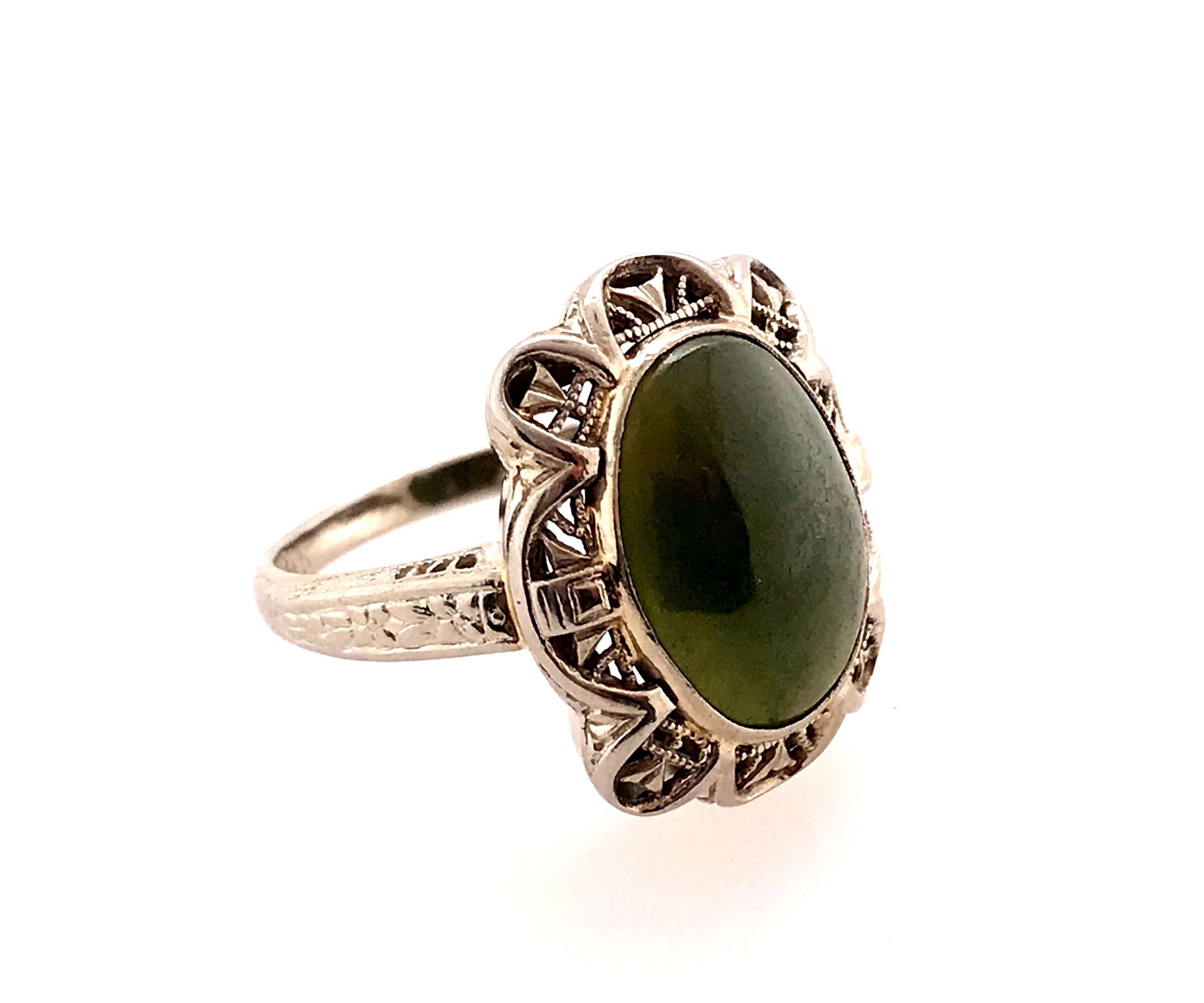 Art Deco Jadeit Cocktail-Ring Oval Cabochon Original 1930''s Antik 14K (Art déco)