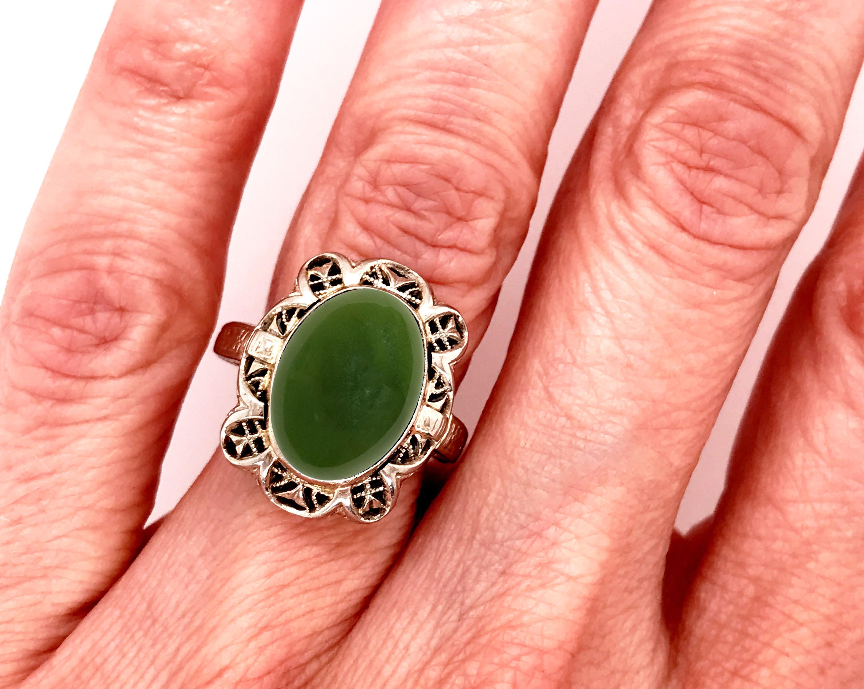 Art Deco Jadeit Cocktail-Ring Oval Cabochon Original 1930''s Antik 14K 1