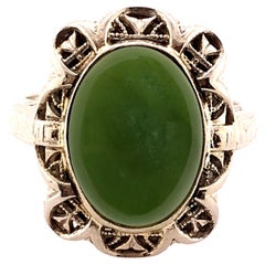 Art Deco Jadeit Cocktail-Ring Oval Cabochon Original 1930''s Antik 14K