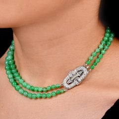 Vintage Jadeite Fei Cui Platinum Diamond Clasp Necklace