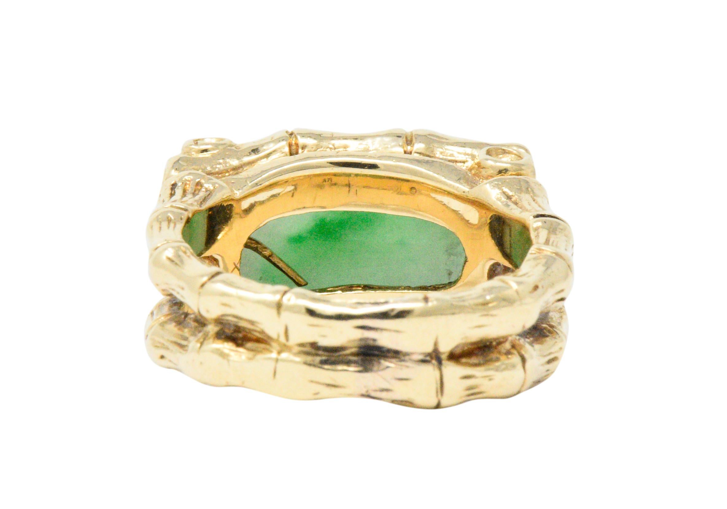 Women's or Men's Vintage Jadeite Jade 14 Karat Yellow Gold Bamboo Gold Ring, GIA