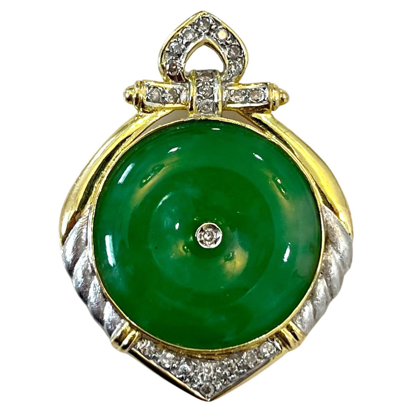 Round Cut Vintage Jadeite Jade and Diamond Circular Pendant in 14k Gold For Sale