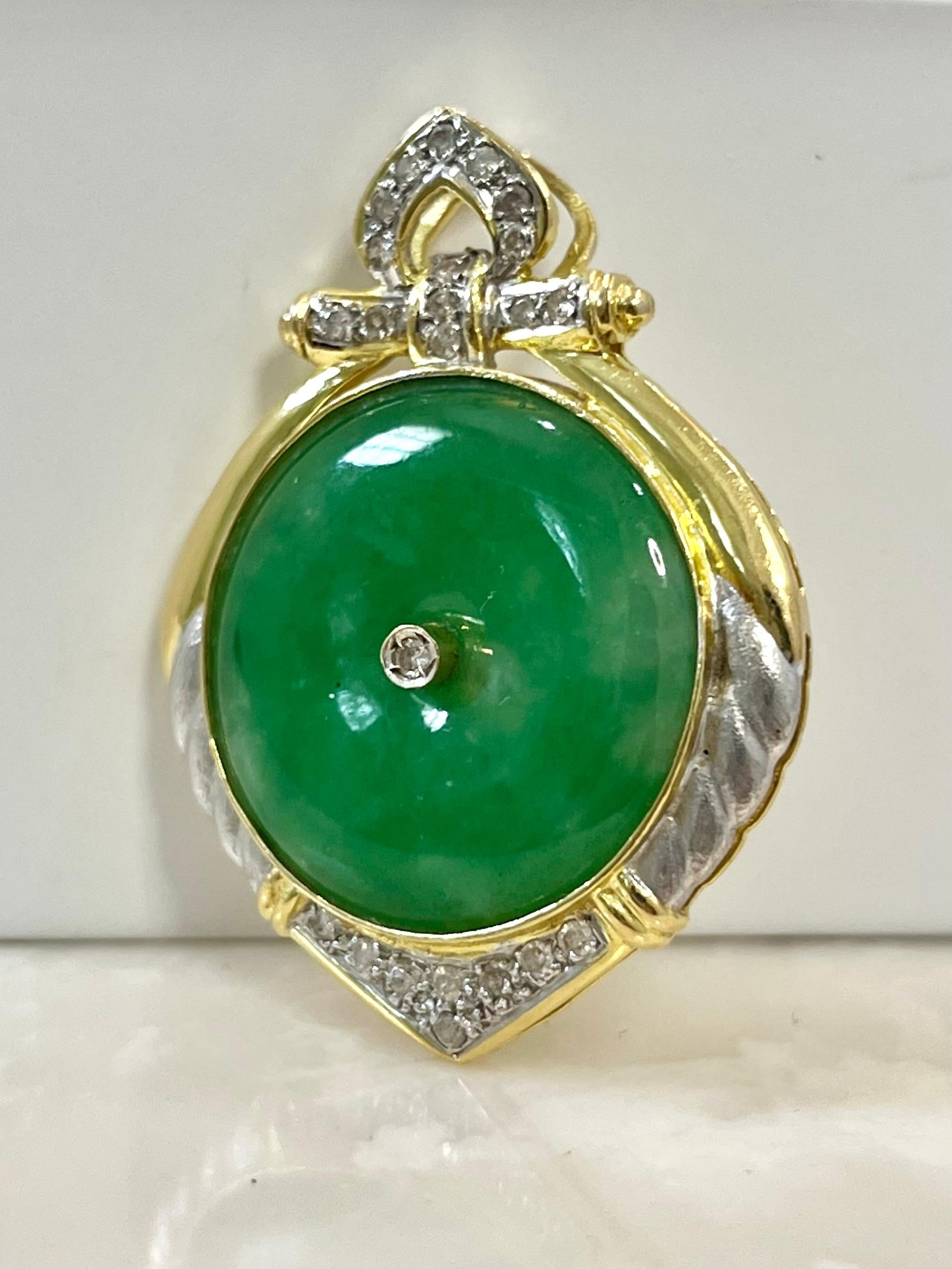 Women's or Men's Vintage Jadeite Jade and Diamond Circular Pendant in 14k Gold For Sale