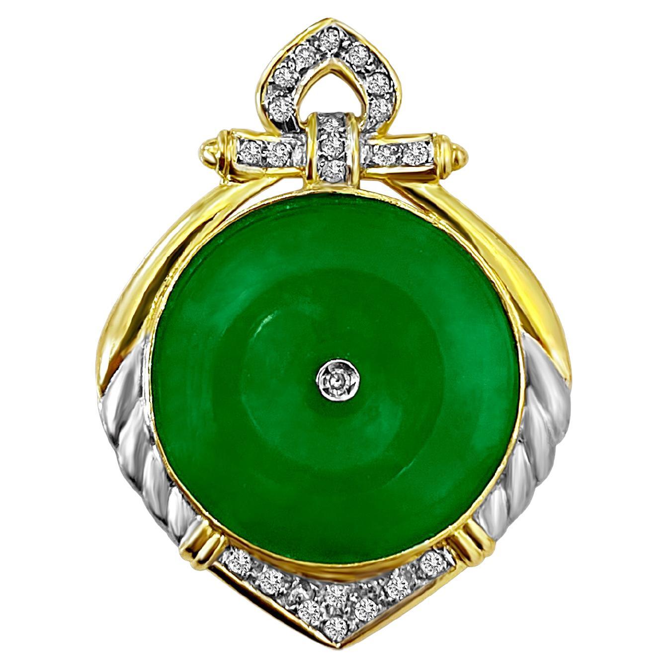 Vintage Jadeite Jade and Diamond Circular Pendant in 14k Gold For Sale