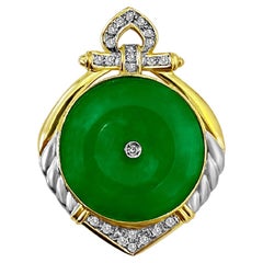 Pendentif circulaire vintage en or 14 carats avec jadéite, jade et diamants