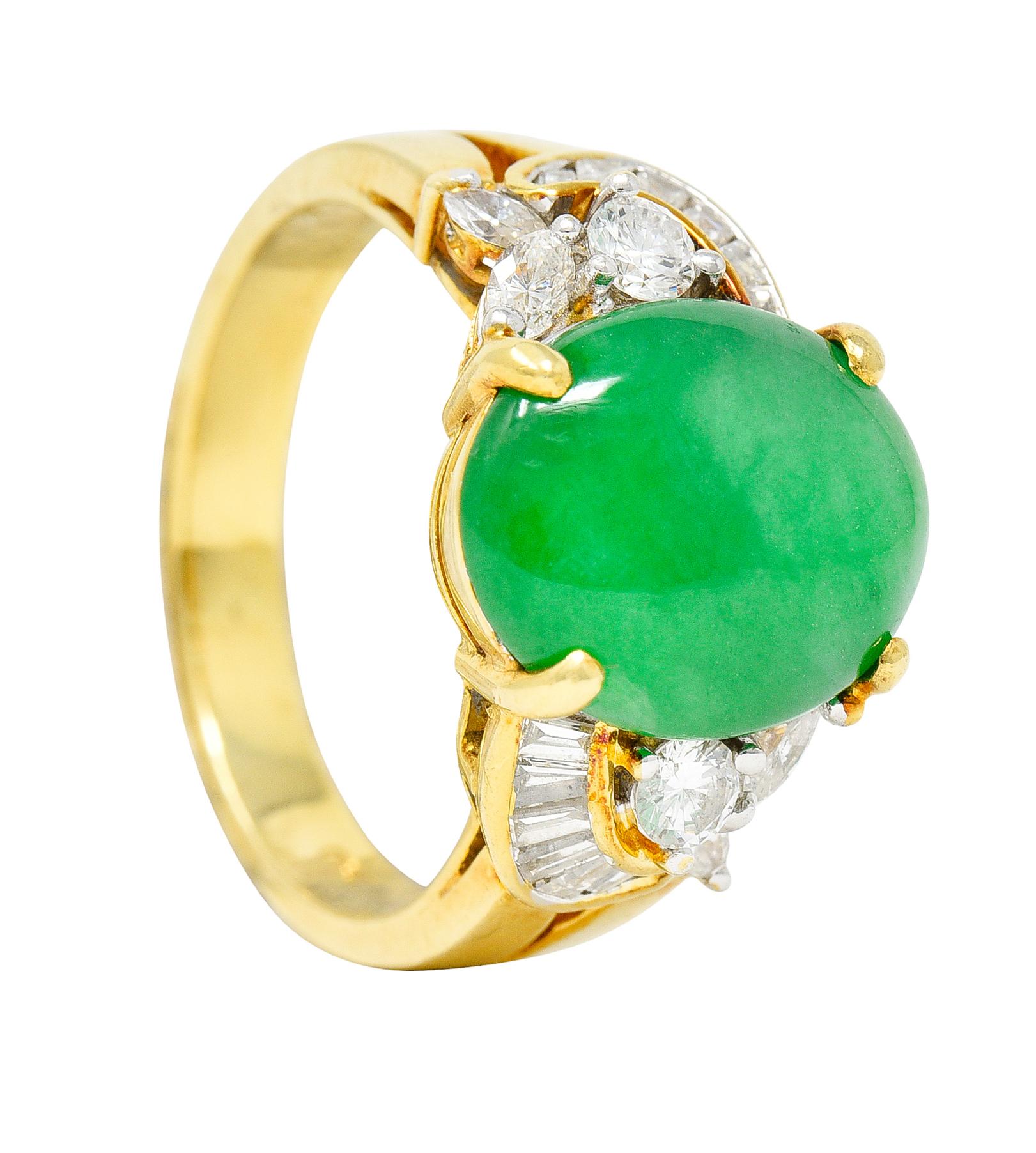Vintage Jadeite Jade Diamond 18 Karat Yellow Gold Cabochon Band Ring GIA 6
