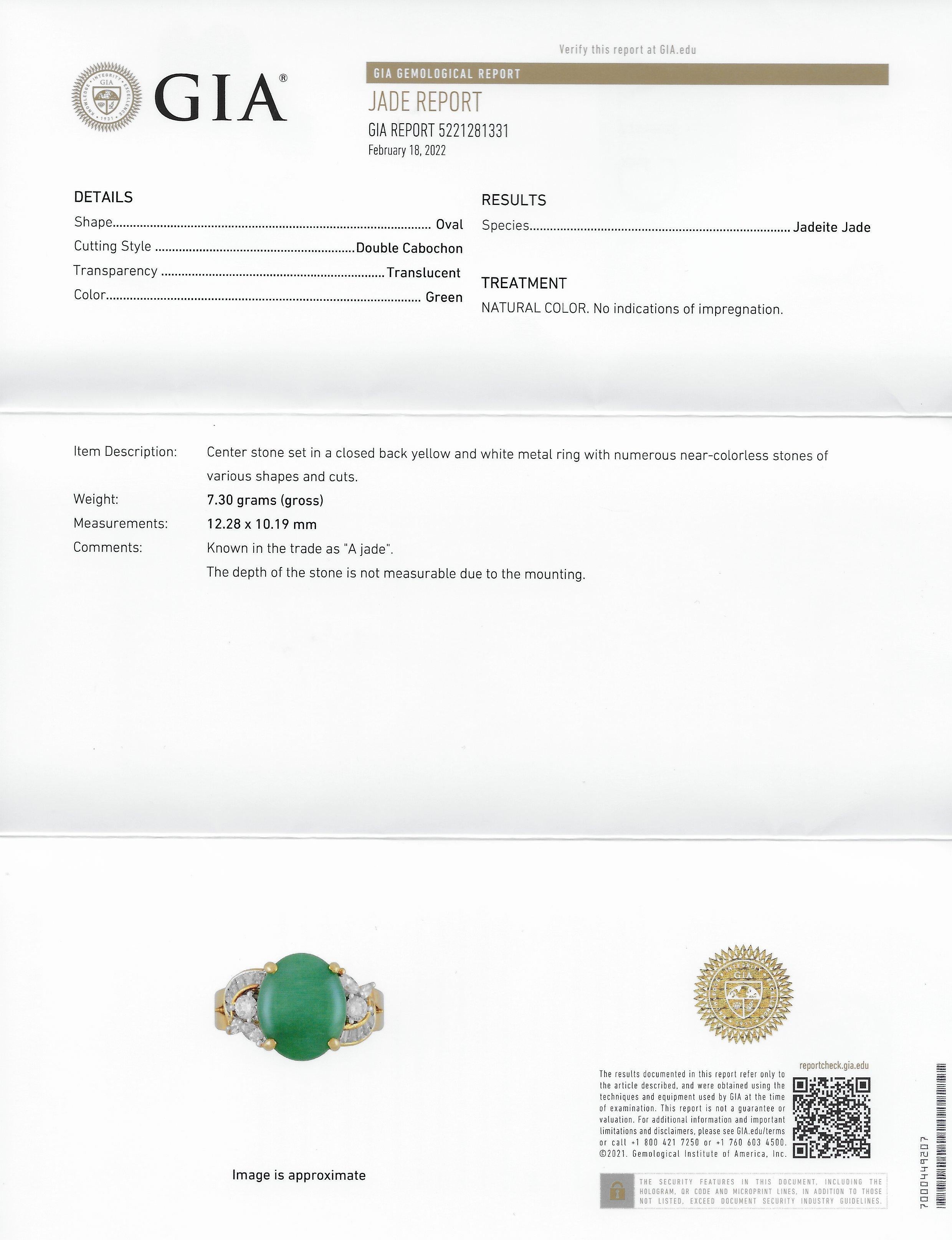 Vintage Jadeite Jade Diamond 18 Karat Yellow Gold Cabochon Band Ring GIA 10