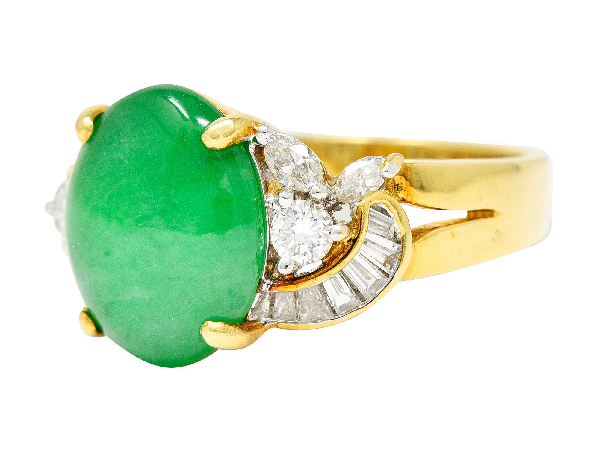 Women's or Men's Vintage Jadeite Jade Diamond 18 Karat Yellow Gold Cabochon Band Ring GIA