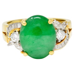 Vintage Jadeite Jade Diamond 18 Karat Yellow Gold Cabochon Band Ring GIA