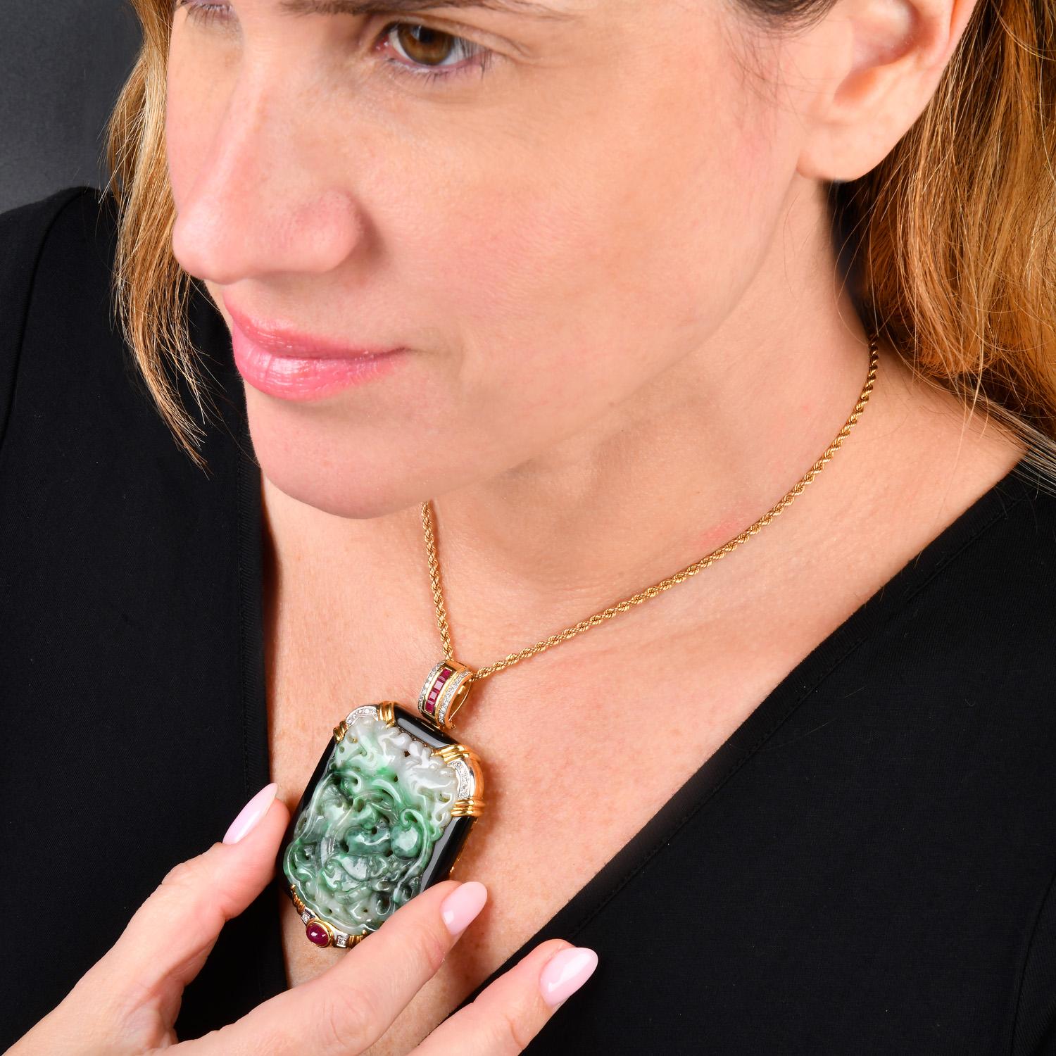 Collana con ciondolo grande con perline in oro 18 carati in giadeite onice vintage in vendita 4