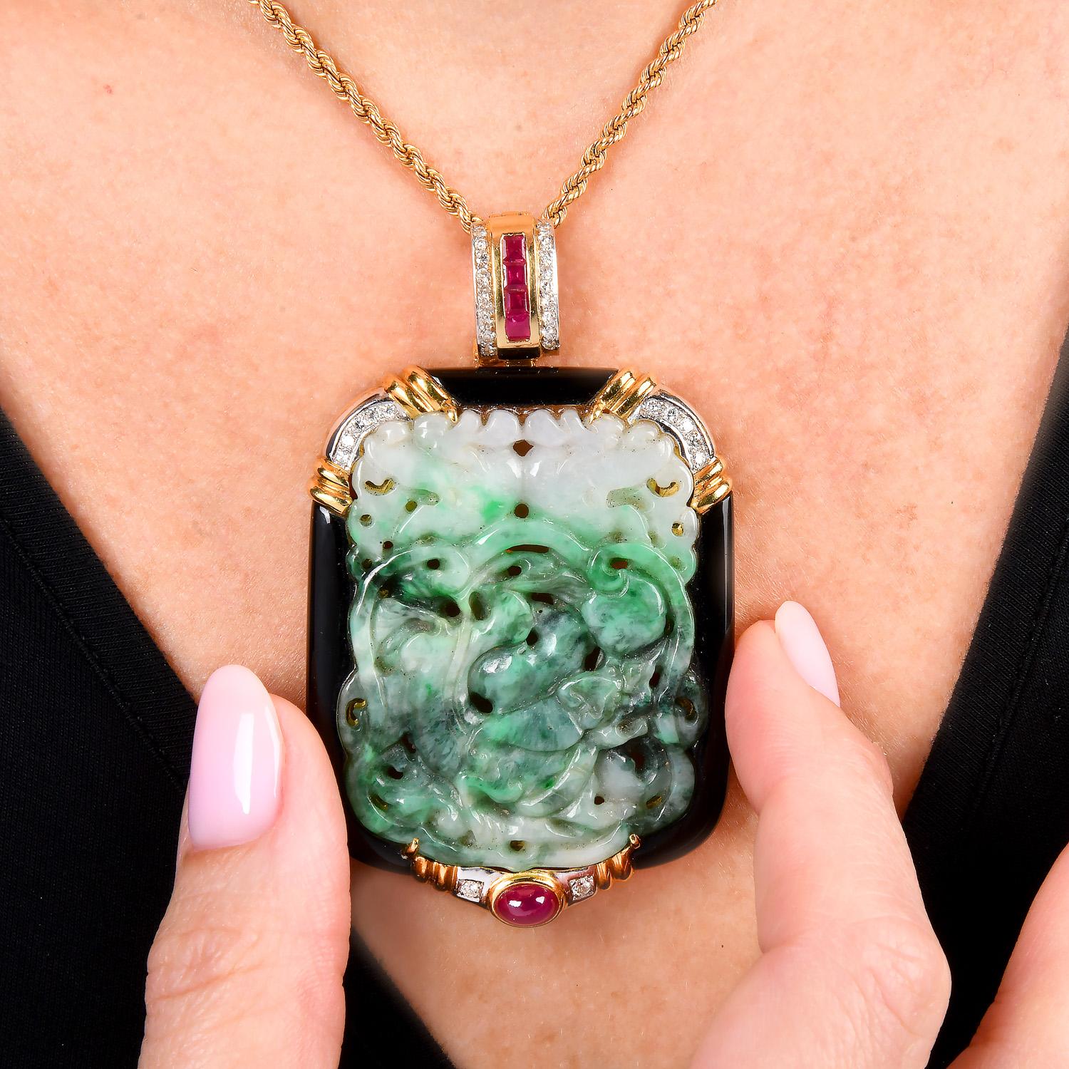 Collana con ciondolo grande con perline in oro 18 carati in giadeite onice vintage in vendita 5