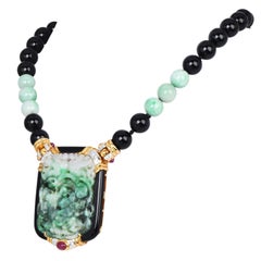 Vintage Jadeite Onyx 18K Gold Beaded Large Brooch Pendant Necklace