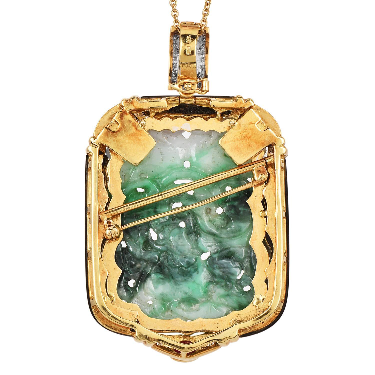 Collana con ciondolo grande con perline in oro 18 carati in giadeite onice vintage in vendita 1