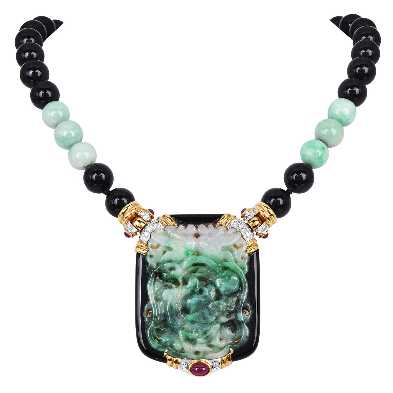 Collana con ciondolo grande con perline in oro 18 carati in giadeite onice vintage
