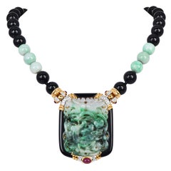 Vintage Jadeite Onyx 18K Gold Beaded Large Brooch Pendant Necklace