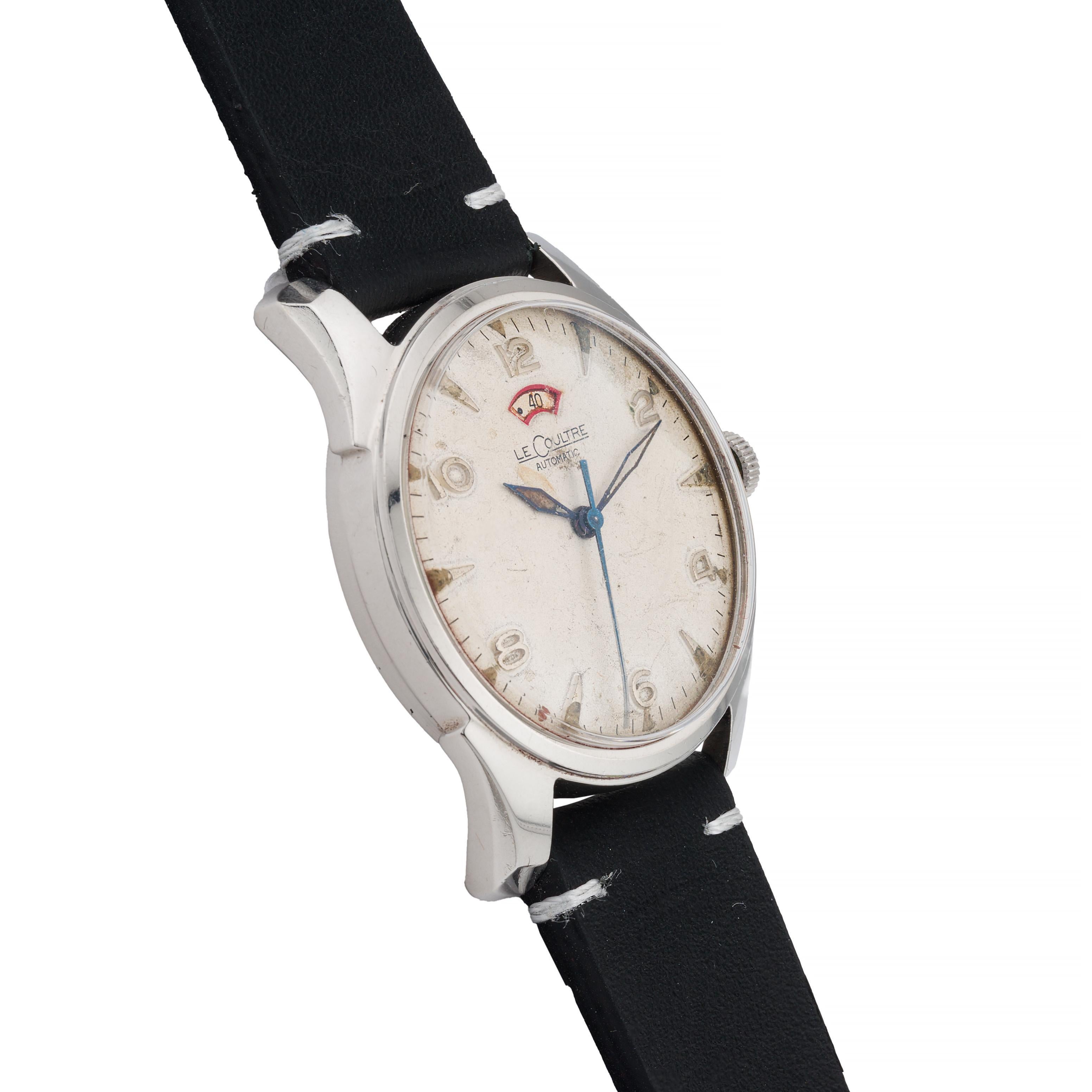 Vintage Jaegar LeCoultre Power Matic Stainless Steel Wrist Watch Circa 1955 In Good Condition For Sale In Boston, MA