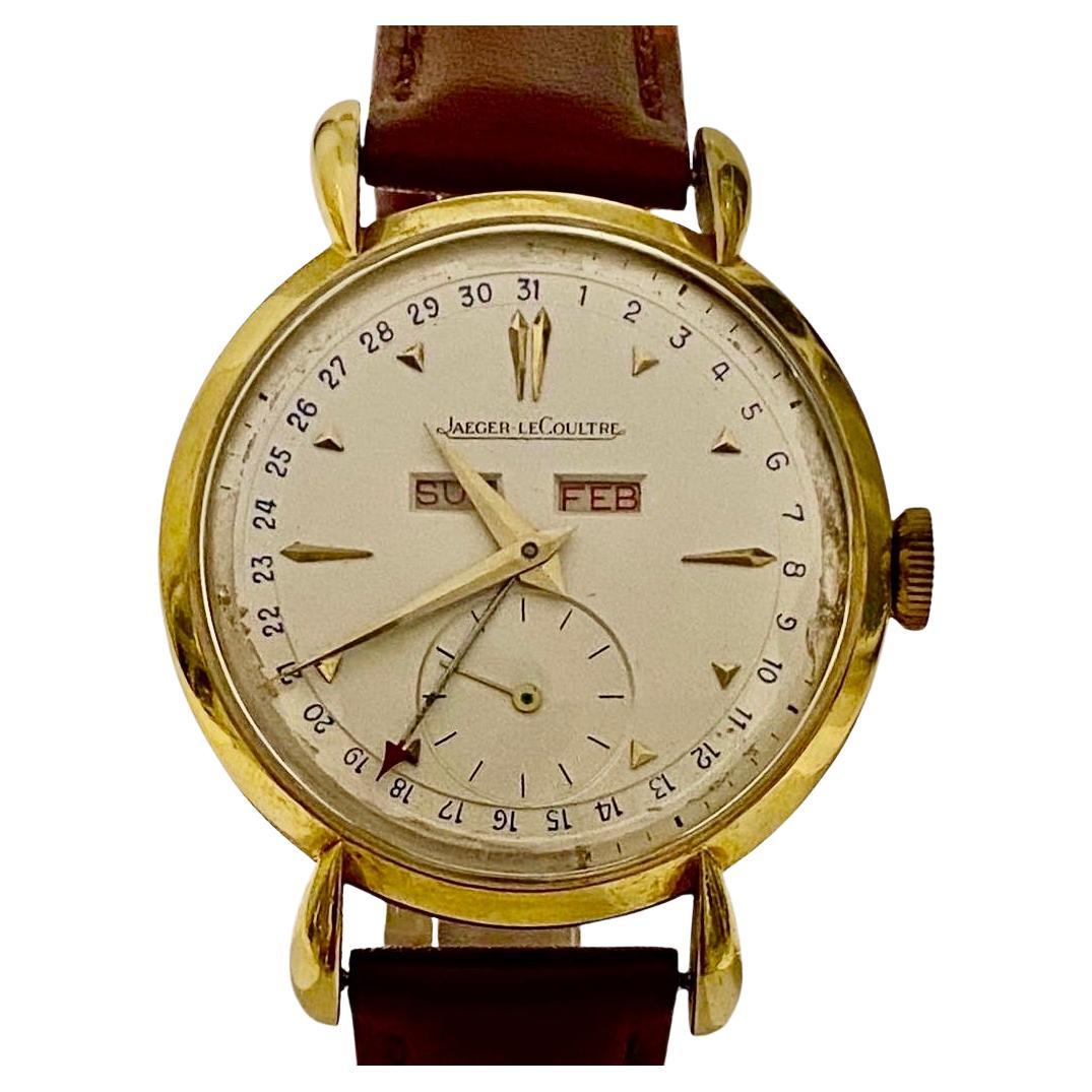 Vintage Jaeger-LeCoultre 18K Yellow Gold Triple Date Watch For Sale