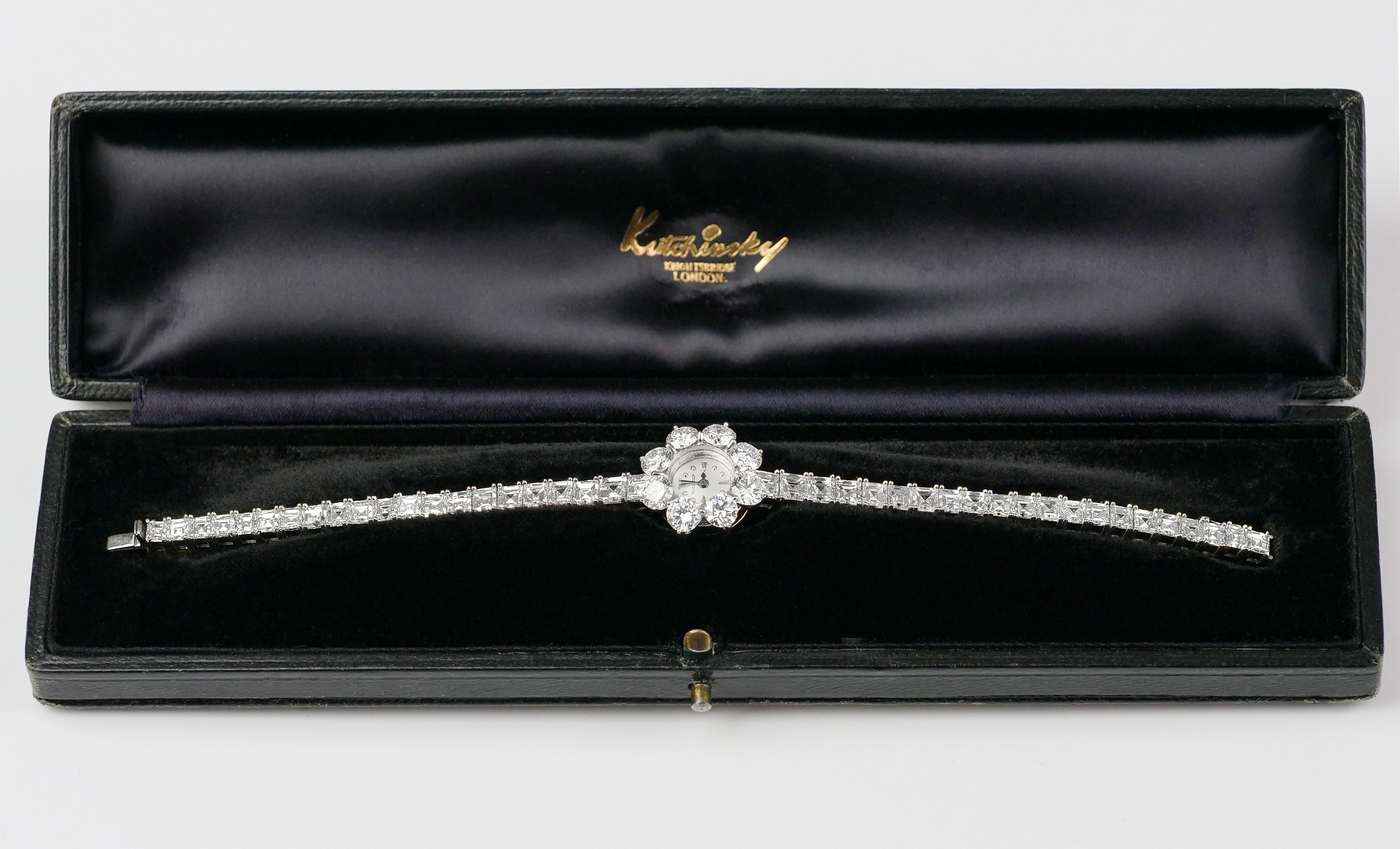 This is a stunning piece of 1960s jewellery, a divine diamond bracelet watch created by  Kutchinsky London with a Jaeger-Le-Coultre movement. This elegant watch itself is a magnificent diamond flower head with eight petals, consists of round