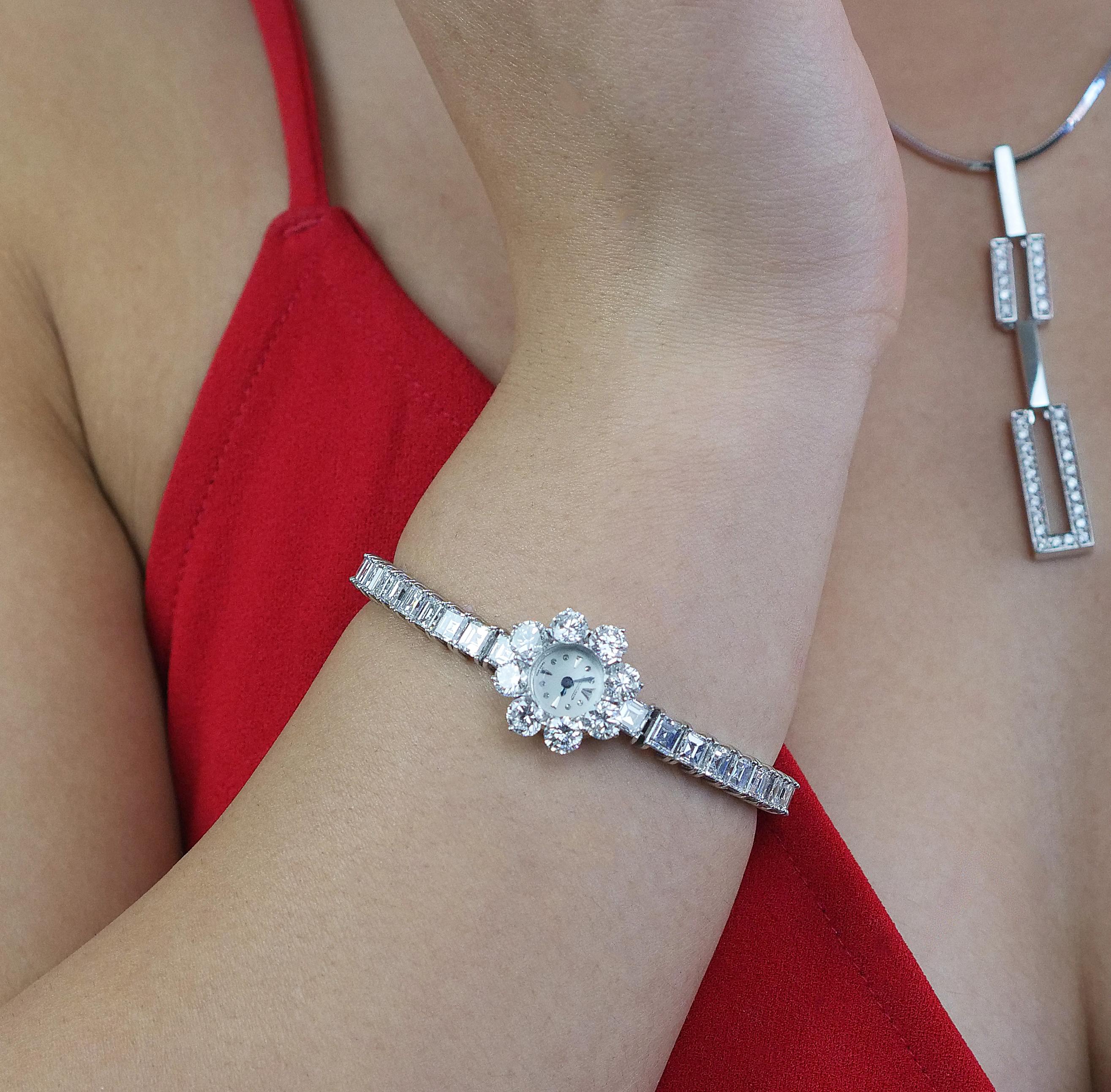 Round Cut 1960s Kutchinsky London Diamond Platinum Bracelet Jaeger-LeCoultre Watch 