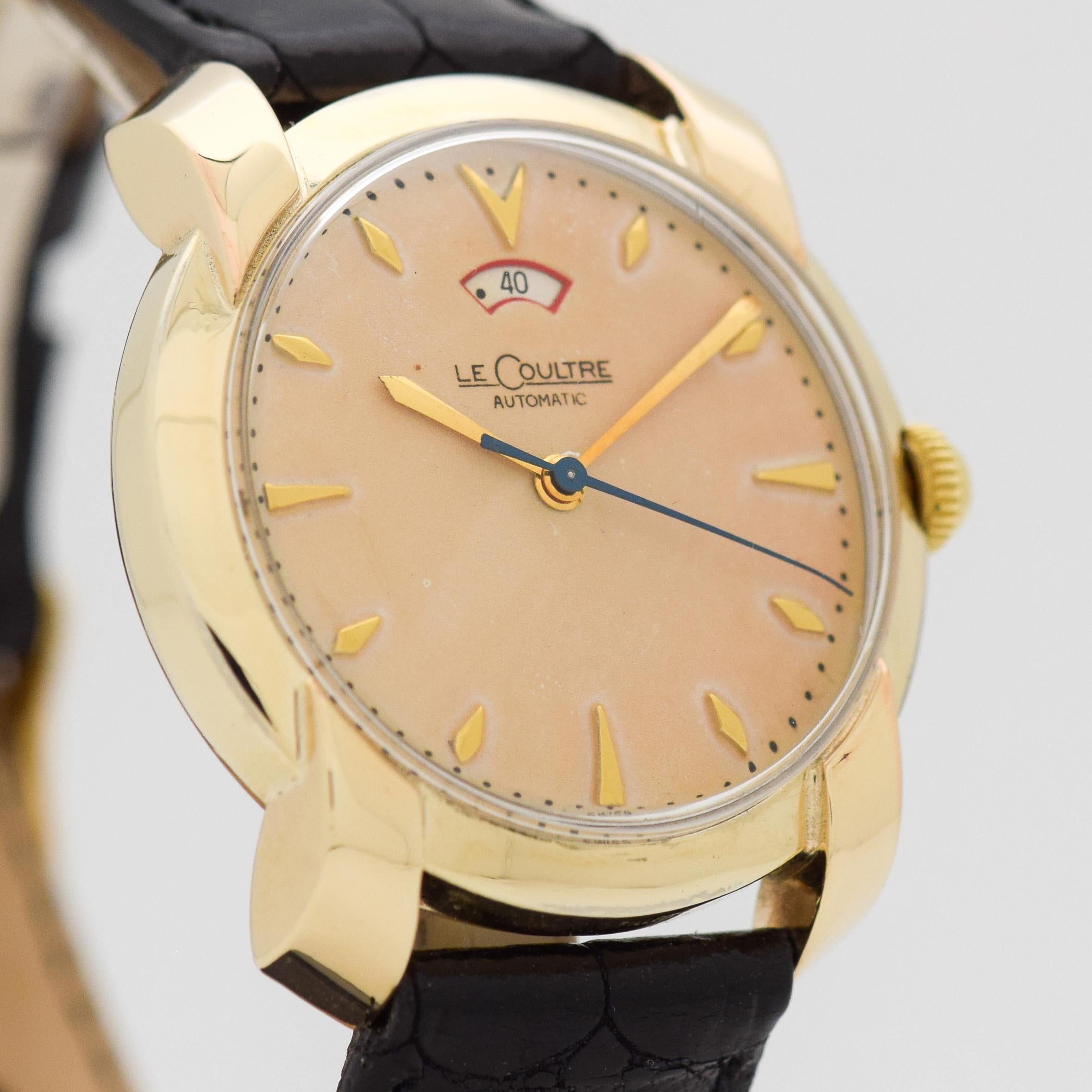 1950's Vintage Jaeger - Le Coultre 40 Hour Power Reserve Bumper Automatic 10k Yellow Gold Filed watch with Original Patina Silver with Applied Gold Color Triangle and Diamond Shape Markers. 34mm x 38mm lug to lug (1.34 in. x 1.5 in.) - 17 jewel,