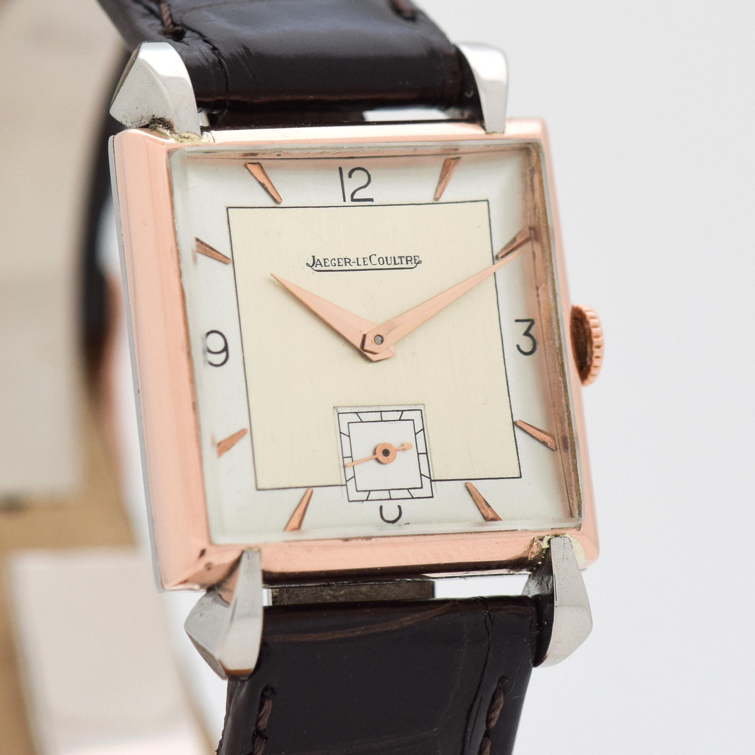 1940's Vintage Jaeger - Le Coultre 14k Rose Gold with Stainless Steel Case Back with Two Tone Gray and Silver Dial with Applied Rose Color Beveled Elongated Triangle Markers. 24mm x 34mm lug to lug (0.94 in. x 1.34 in.) - 17 jewel, manual caliber