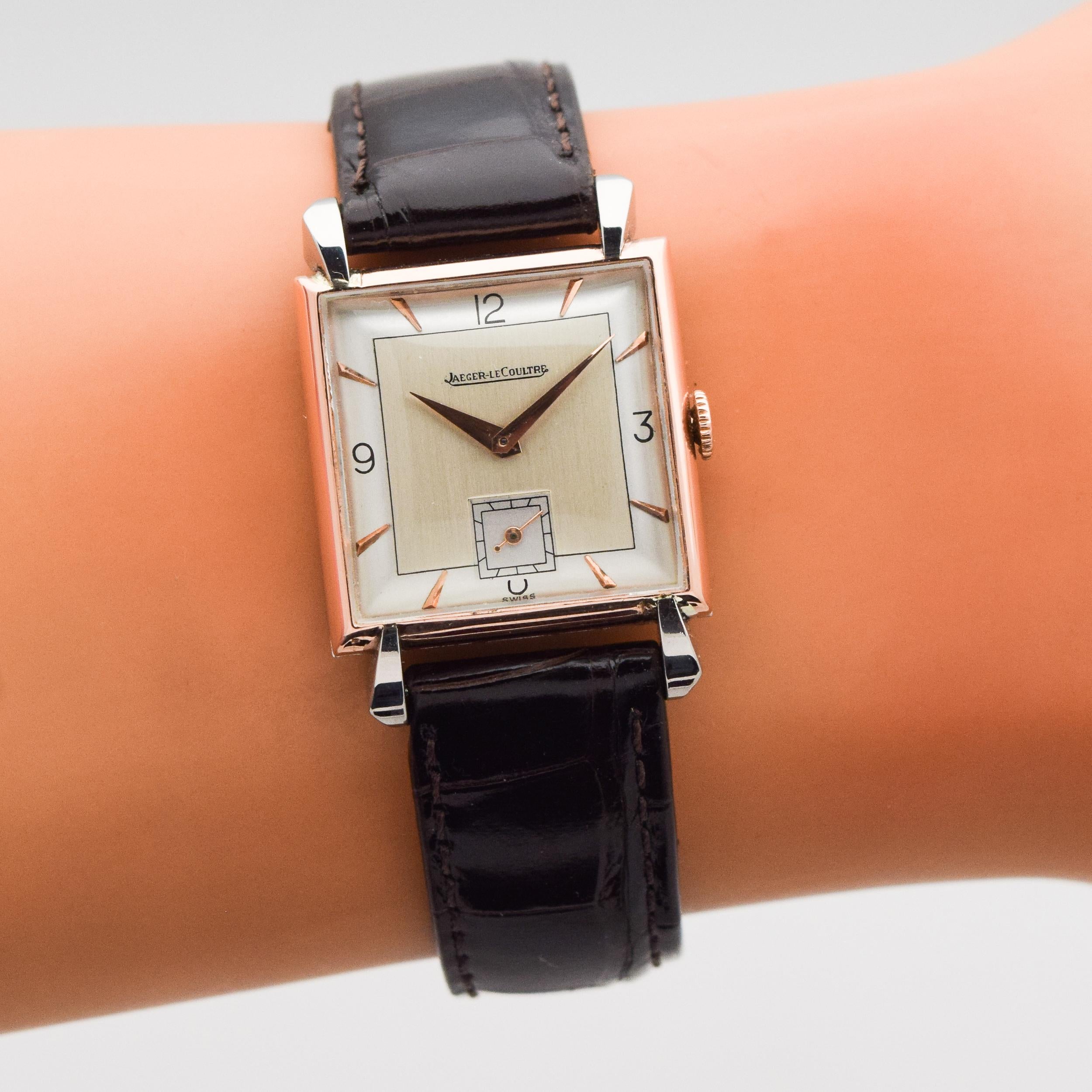 Vintage Jaeger-LeCoultre Square-Shaped Watch in 14 Karat Gold and Steel, 1940s For Sale 1