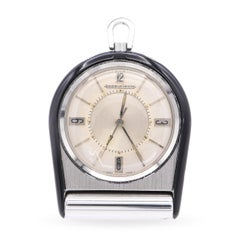 Vintage Jaeger LeCoultre Steel and Black Enamel Memovex Travel Alarm Clock