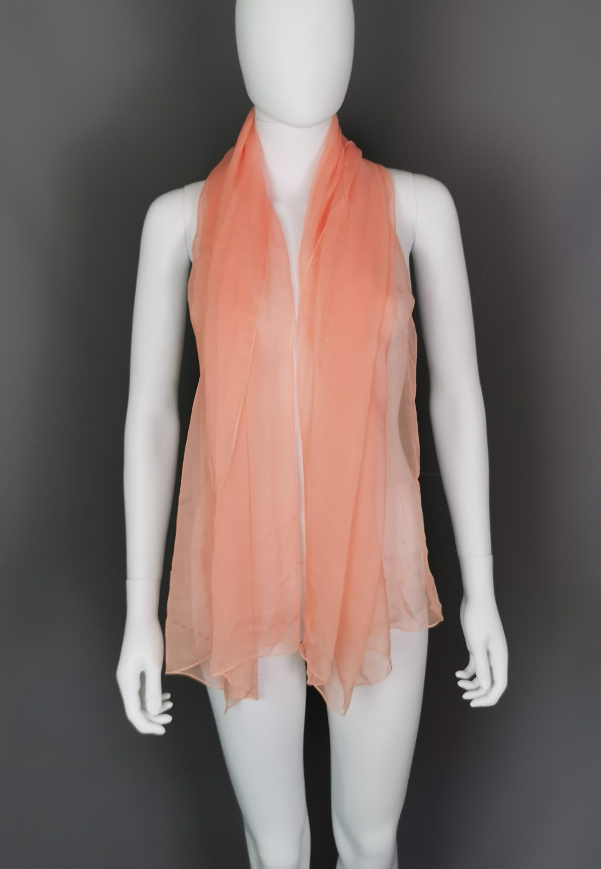 A very attractive vintage silk chiffon scarf by Jaeger.

It is a long length and a lightweight, floaty scarf, very pretty and the most gorgeous peach colour, it has a reddish printed logo on one end.

A beautiful piece and versatile too, can be used