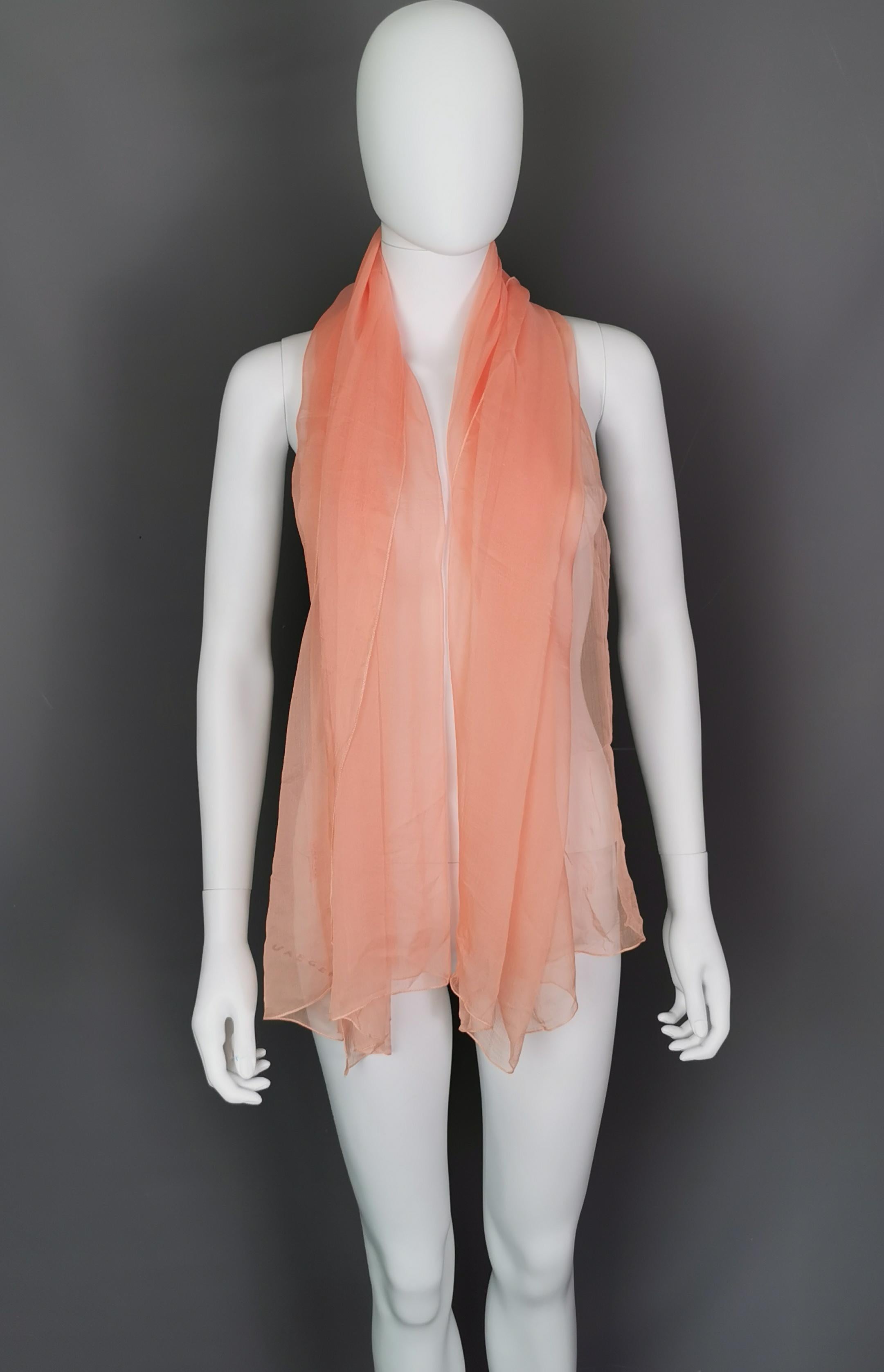 Beige Vintage Jaeger peach silk chiffon scarf, long  For Sale