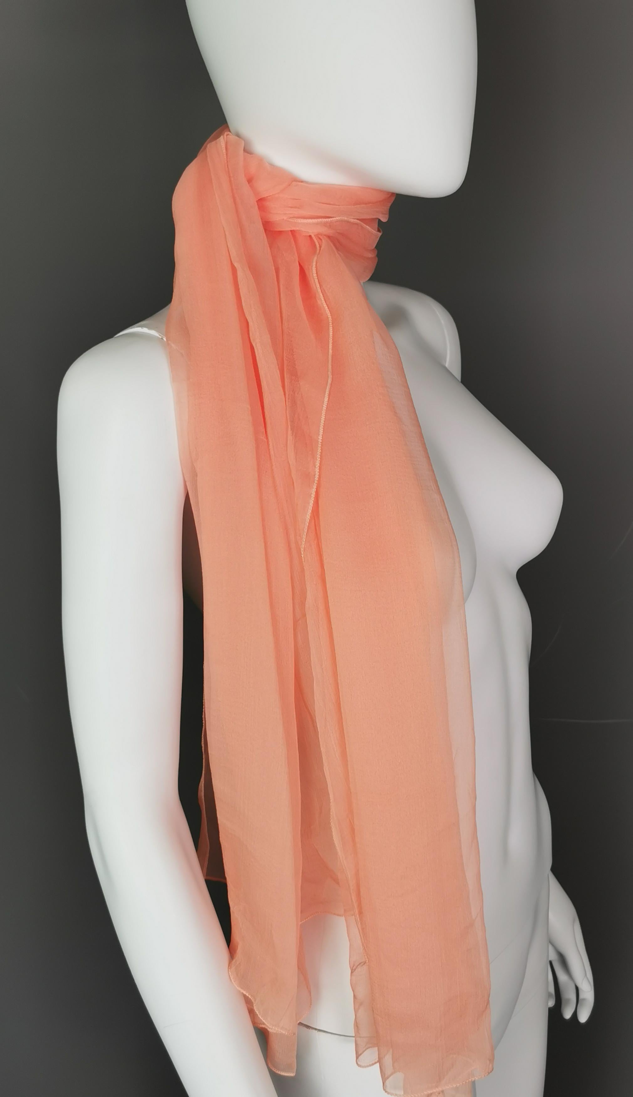 Vintage Jaeger peach silk chiffon scarf, long  In Good Condition For Sale In NEWARK, GB
