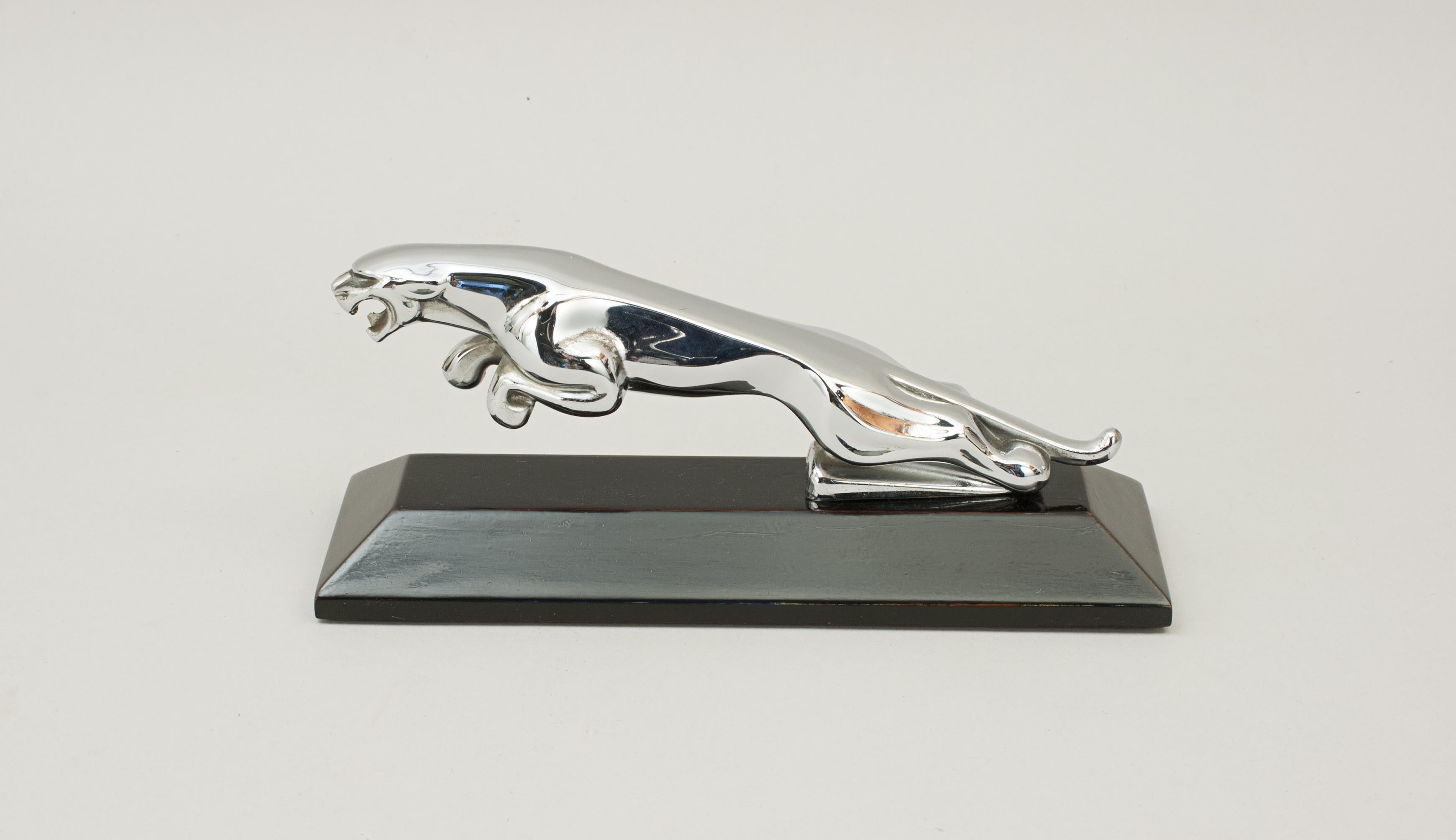 Jaguar Car Mascot. Chromed Jaguar car mascot in excellent condition mounted onto an ebonised base. The snarling mouth, ears tight against the head, the right front paw slightly ahead of the left, leaping through the air with rear legs outstretched,