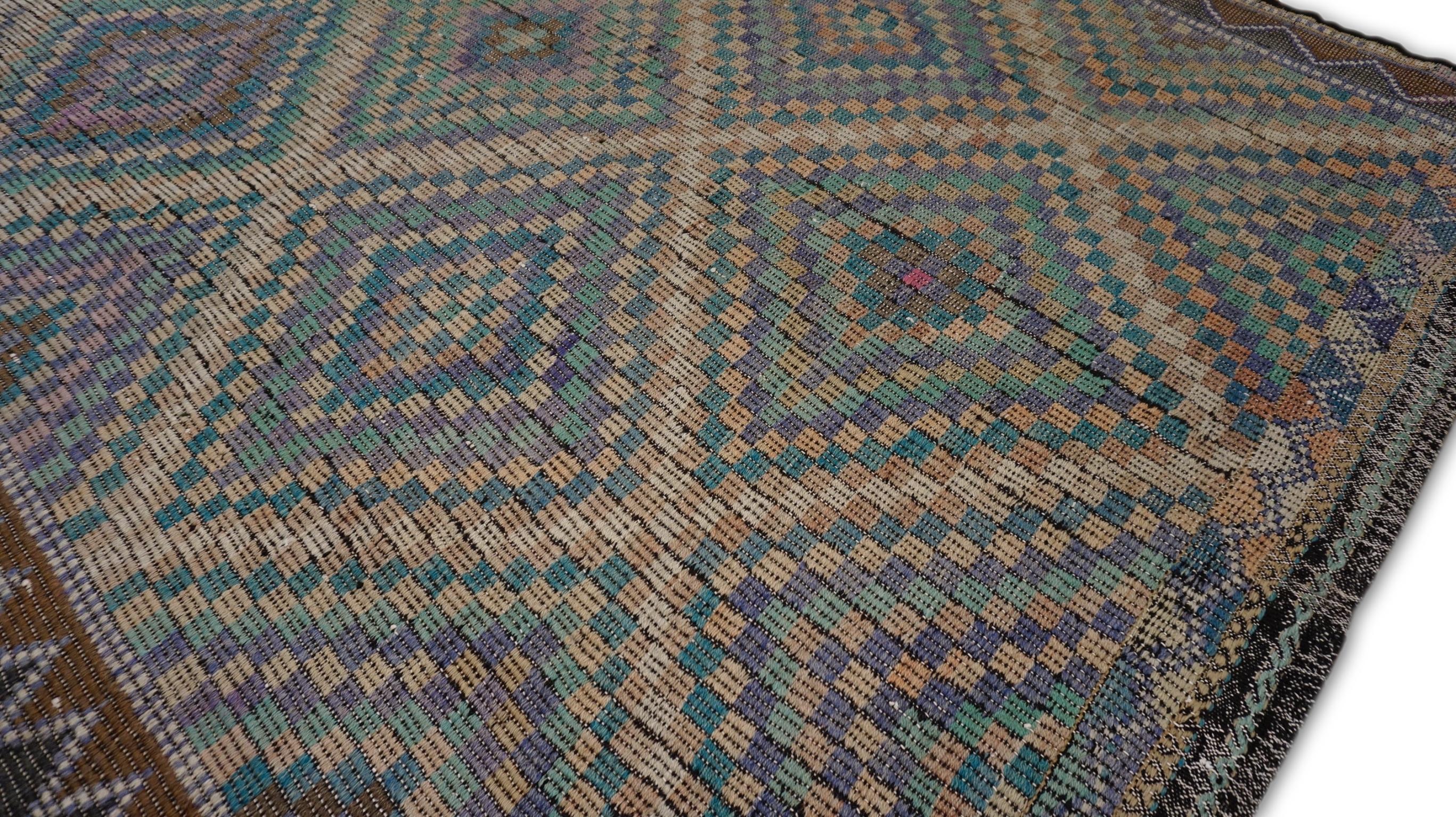 Turkish Vintage Jajim Tan, Green, and Purple Diamond Check Kilim 7'x11'9'' For Sale