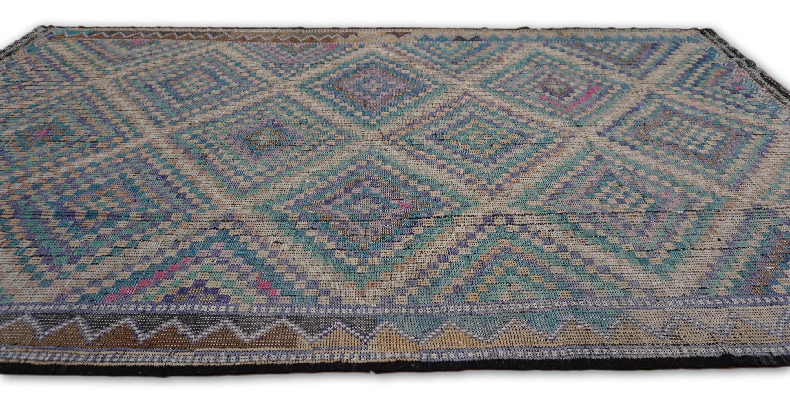 Hand-Knotted Vintage Jajim Tan, Green, and Purple Diamond Check Kilim 7'x11'9'' For Sale