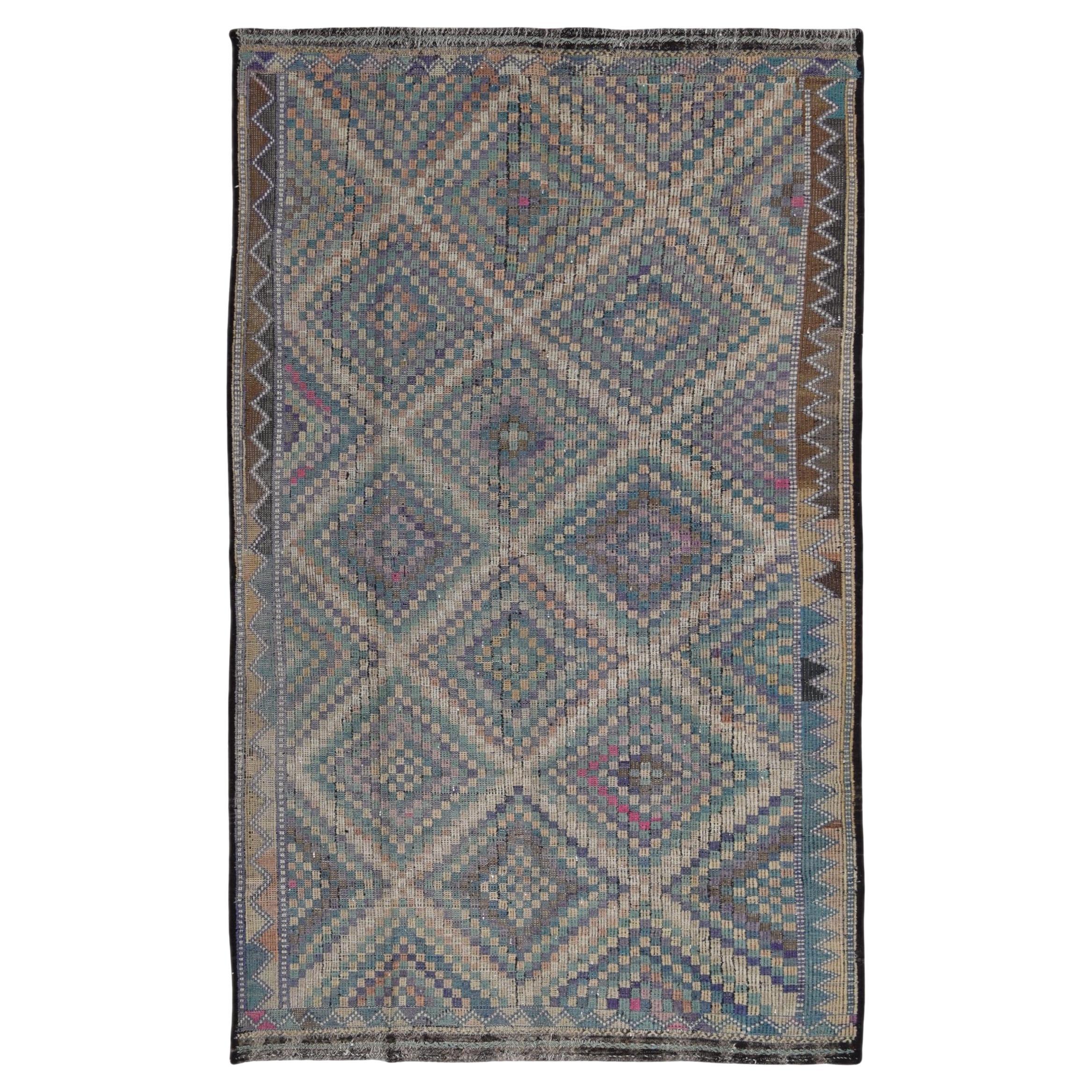 Vintage Jajim Tan, Green, and Purple Diamond Check Kilim 7'x11'9'' For Sale