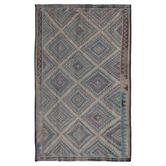 Vintage Jajim Tan, Green, and Purple Diamond Check Kilim 7'x11'9''