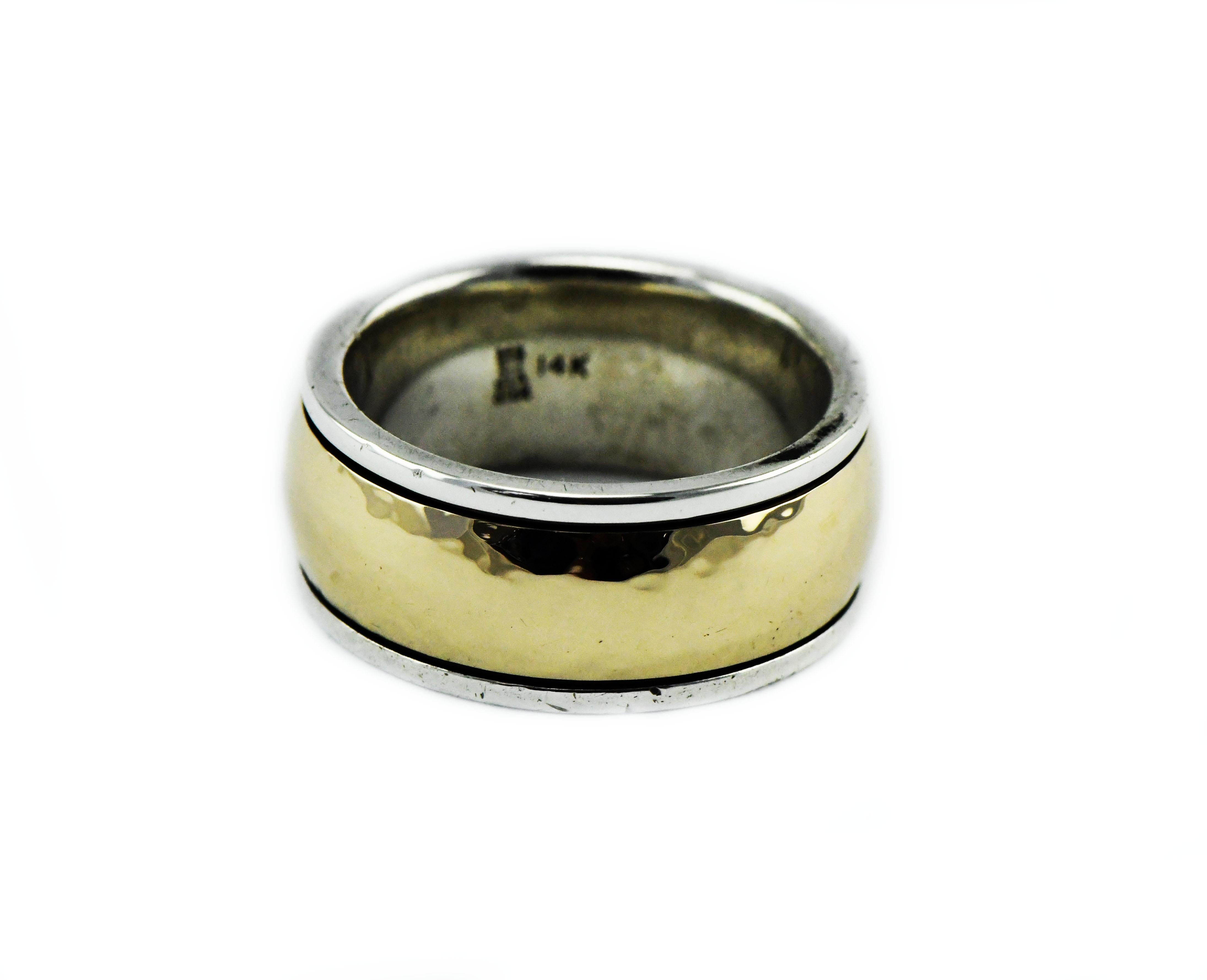 Artist Vintage James Avery Hammered 14k Gold and Sterling Bimetal Men's Ring 17.7 Grams For Sale