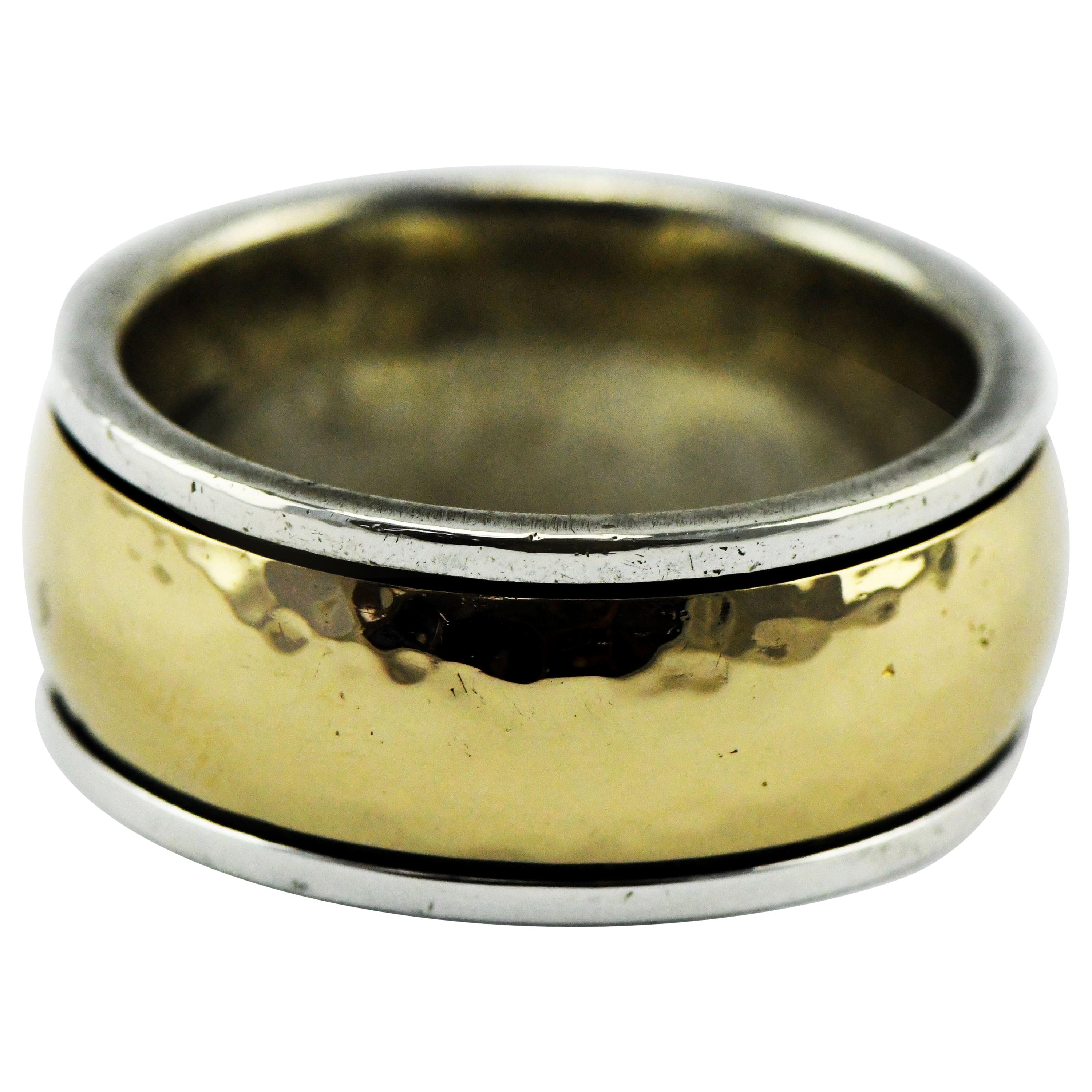 Vintage James Avery Hammered 14k Gold and Sterling Bimetal Men's Ring 17.7 Grams For Sale