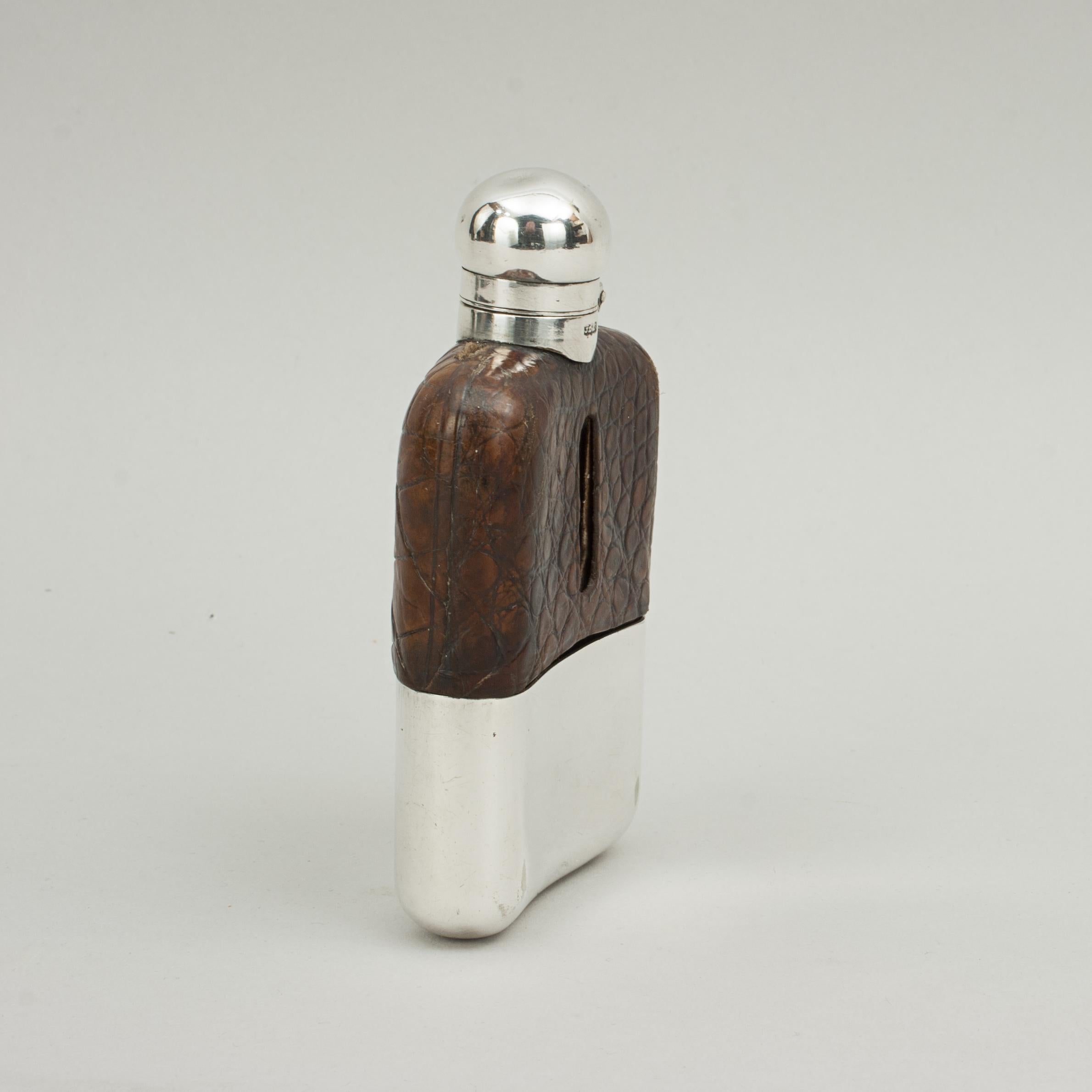 Vintage James Dixon Silver Hip Flask with Leather Cover In Good Condition In Oxfordshire, GB