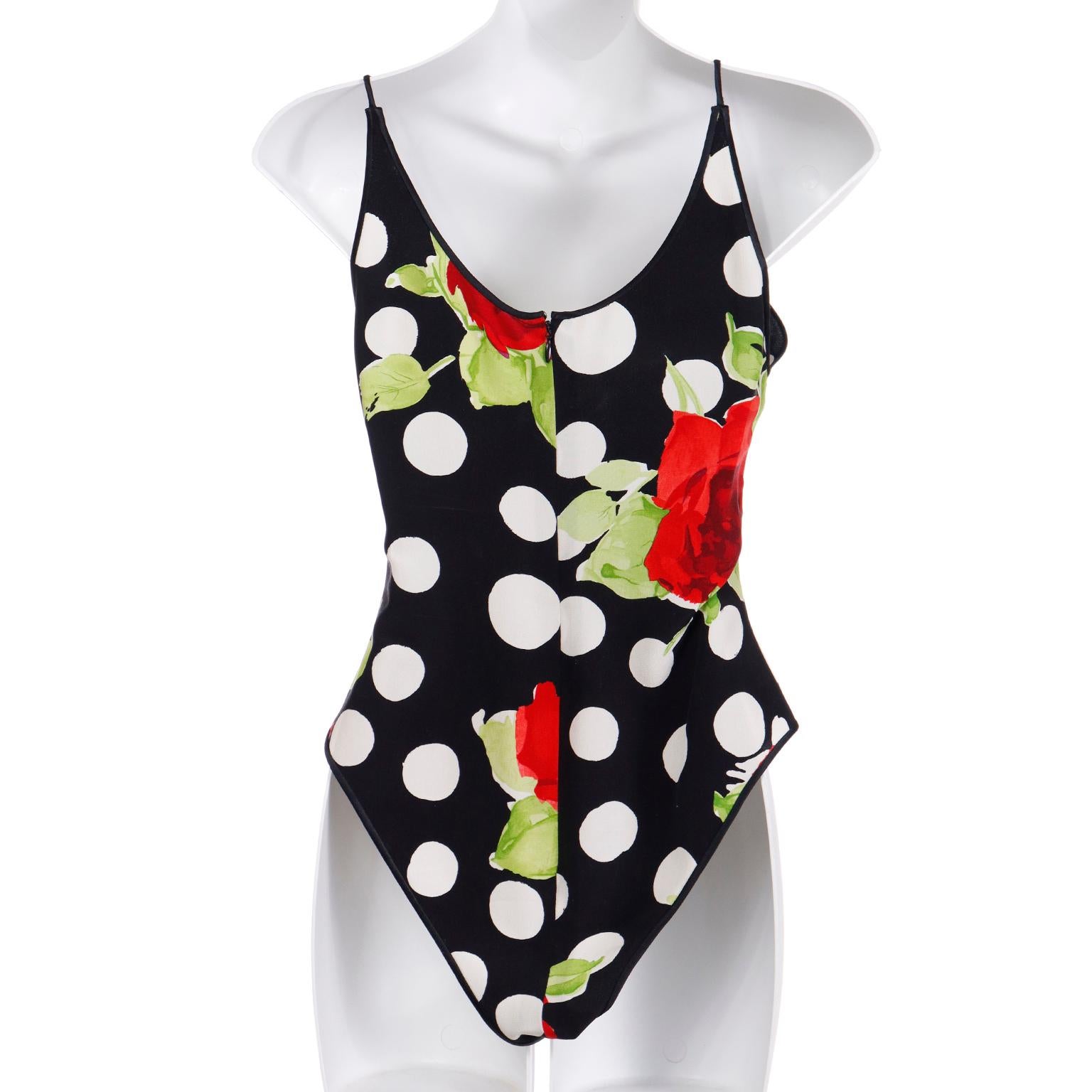 Vintage James Galanos Black & White Dot Red Rose Print Bodysuit & Sarong Skirt In Excellent Condition For Sale In Portland, OR