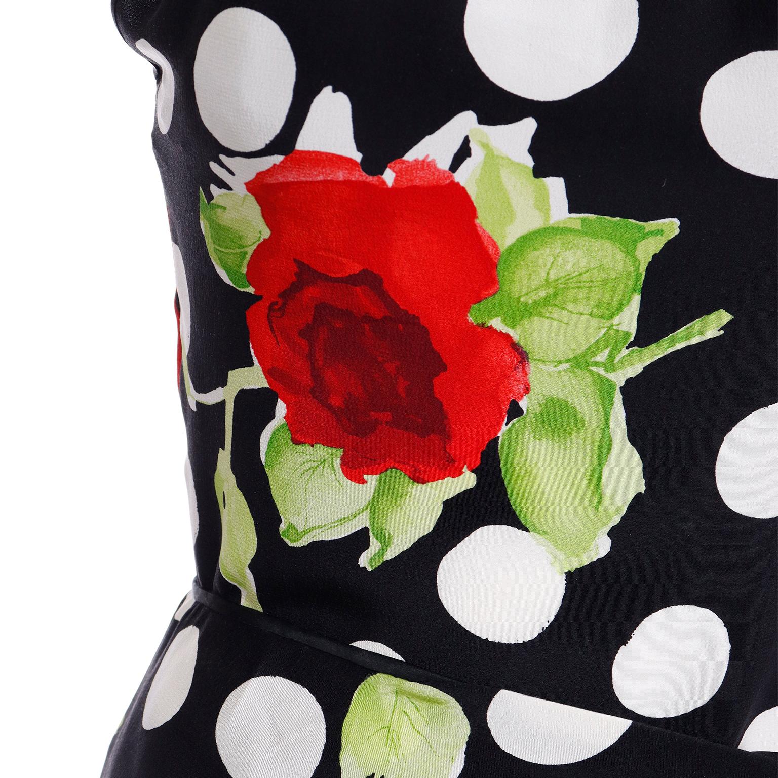 Vintage James Galanos Black & White Dot Red Rose Print Bodysuit & Sarong Skirt For Sale 1