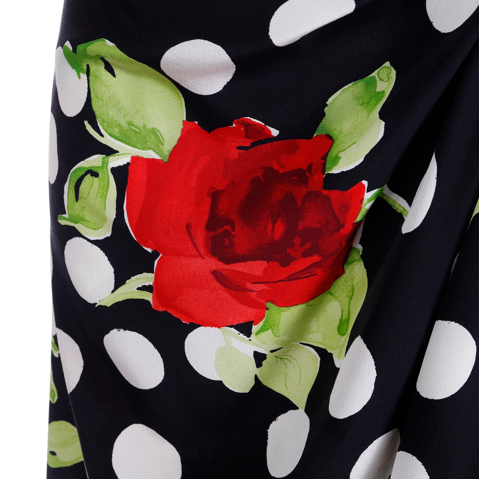 Vintage James Galanos Black & White Dot Red Rose Print Bodysuit & Sarong Skirt For Sale 2