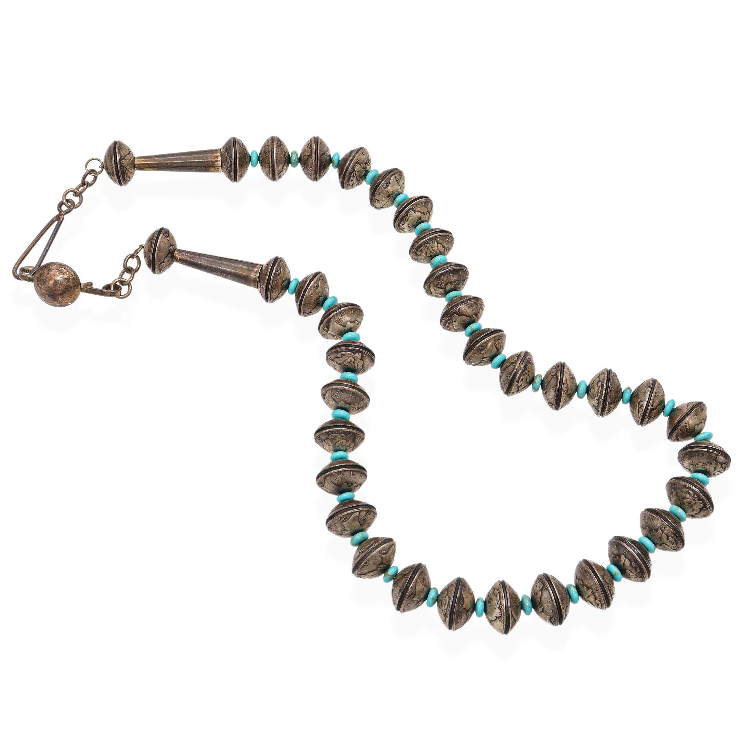 Vintage James McCabe Navajo Handcrafted Silber Quecksilber Dime Türkis Halskette im Zustand „Gut“ im Angebot in New York, NY