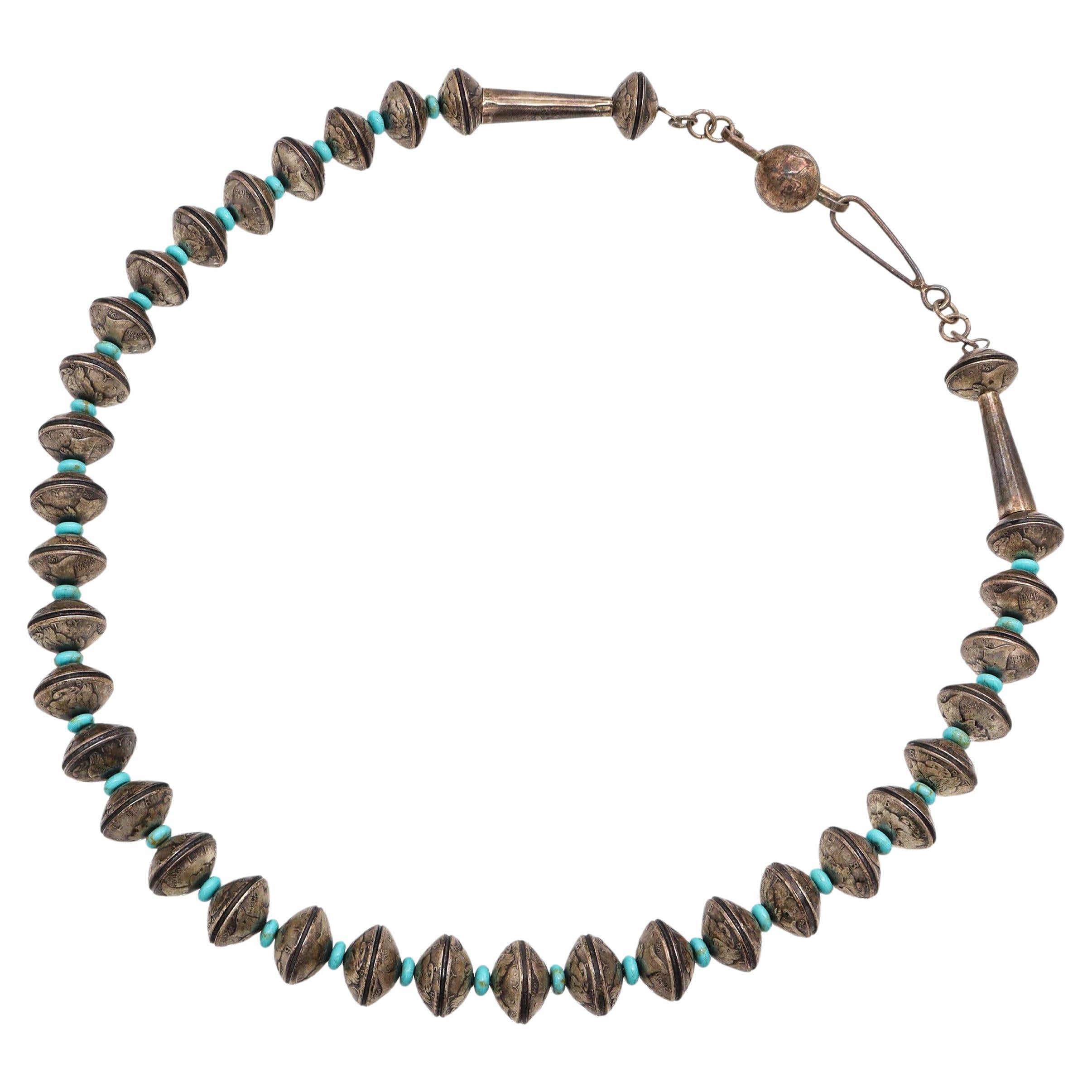Vintage James McCabe Navajo Handcrafted Silver Mercury Dime Turquoise Necklace