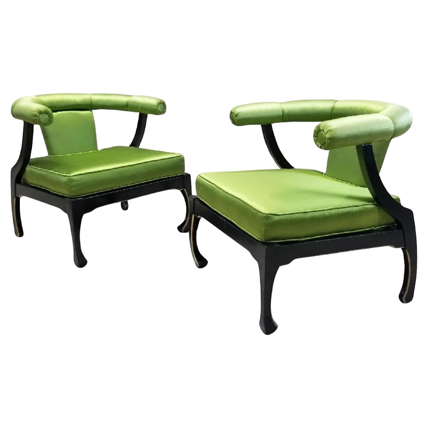 Vintage James Mont Style Black Lacquer Asian Ming Chairs - Pair