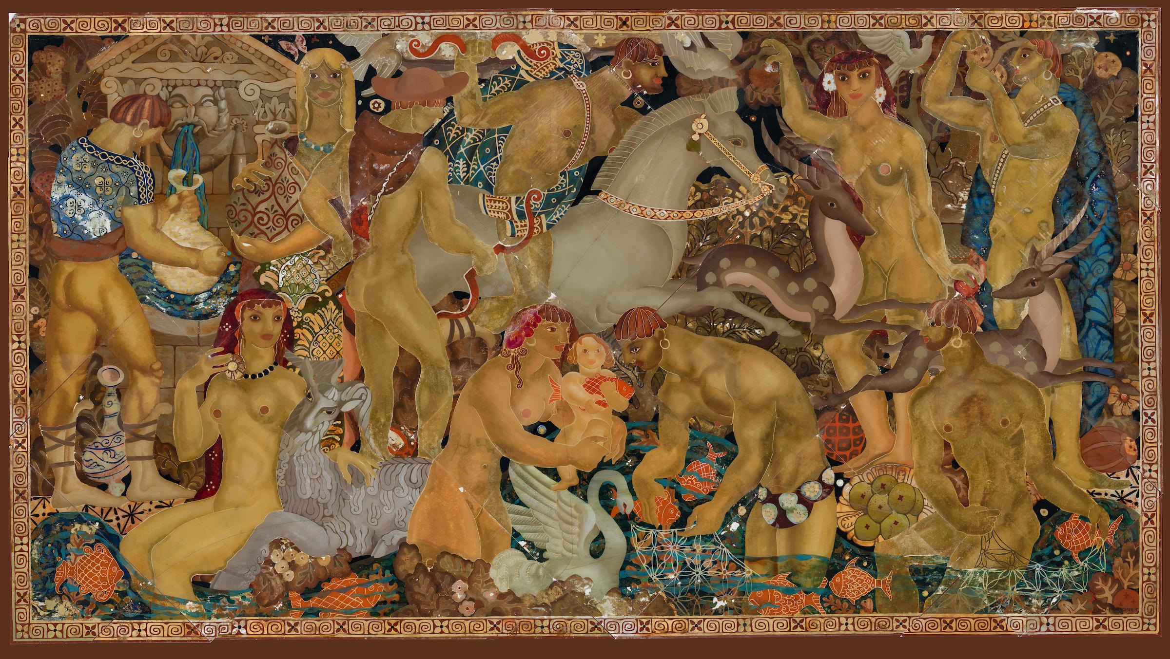 Una pintura única fenomenal.

Pintado en Roma en la Academia Americana hacia 1933, por James Owen
Mahoney (1907-1987), Frutos de la cosecha está ejecutado en el reverso de
vidrio en una técnica llamada verre églomisé. En conjunto, el mural,