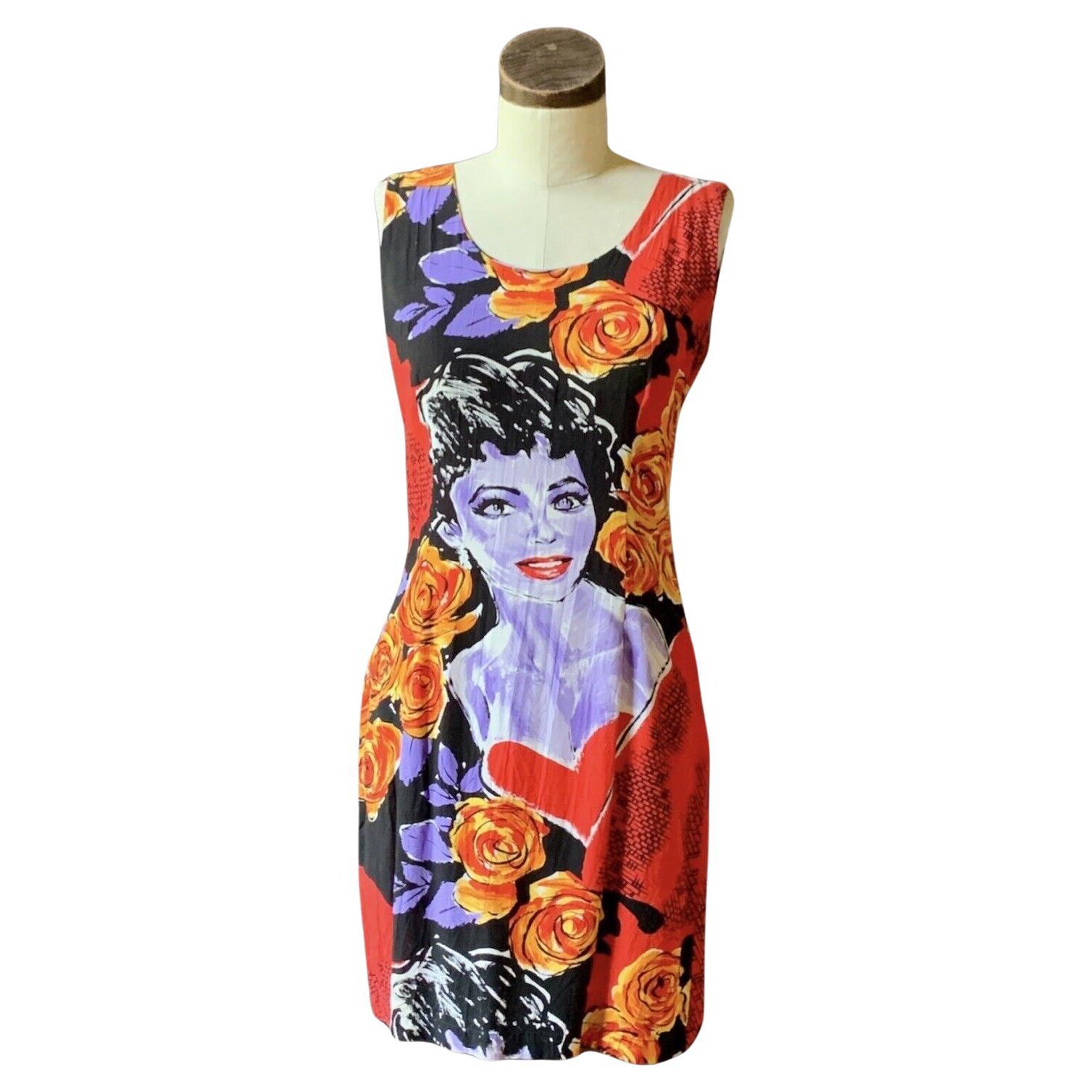 Vintage JAMS WORLD Colorful Woman Roses Art ARCHIVE Rayon Dress S/M RARE For Sale