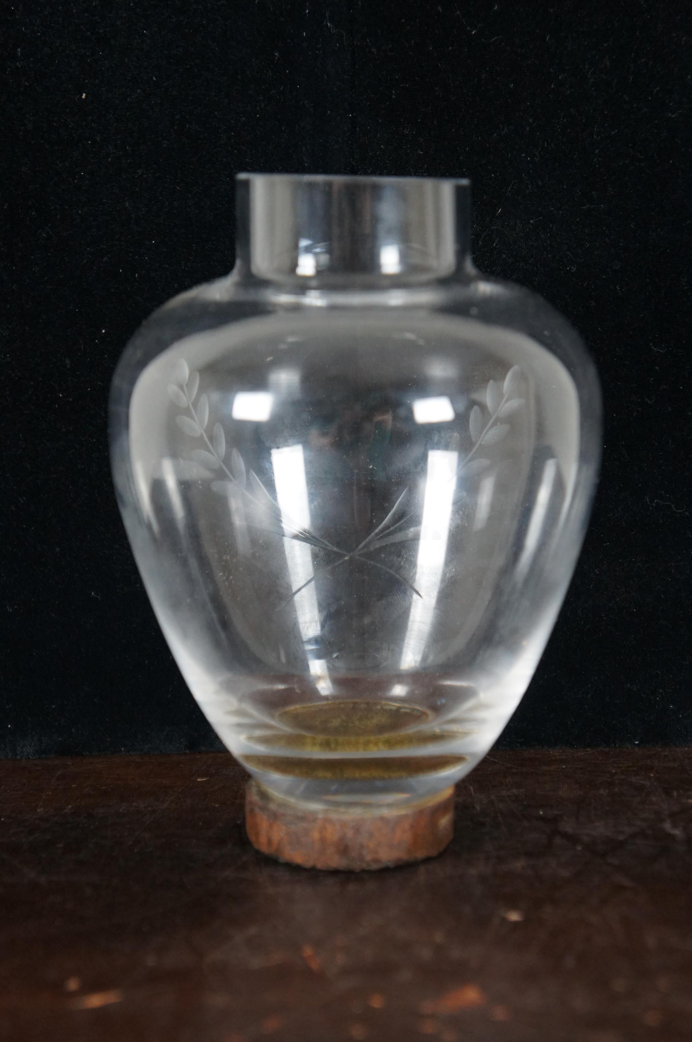 Vintage Jan Barbogolio Glass Etched Laurel Footed Iron Bud Flower Vase 6