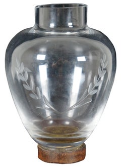 Vintage Jan Barbogolio Glass Etched Laurel Footed Iron Bud Flower Vase