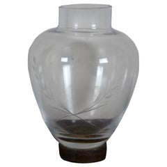 Vintage Jan Barbogolio Glass Etched Laurel Footed Iron Bud Flower Vase