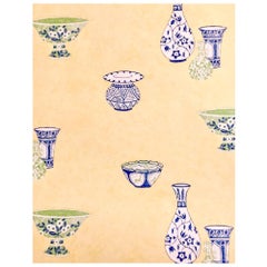 Vintage Jane Churchill Chinoiserie Yellow, Blue and Green Casbah Wallpaper 1990s